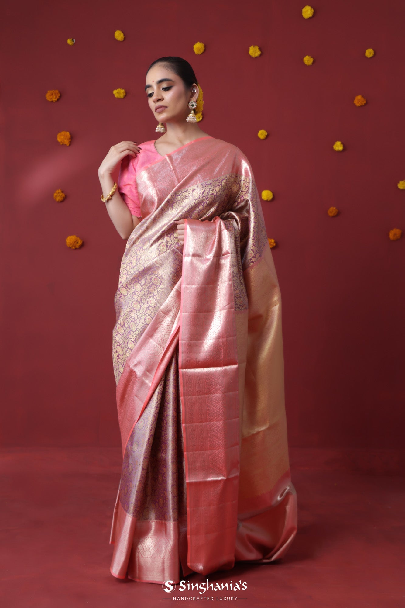 Plum Purple Tissue Kanjivaram Saree With Floral Jaal Weaving