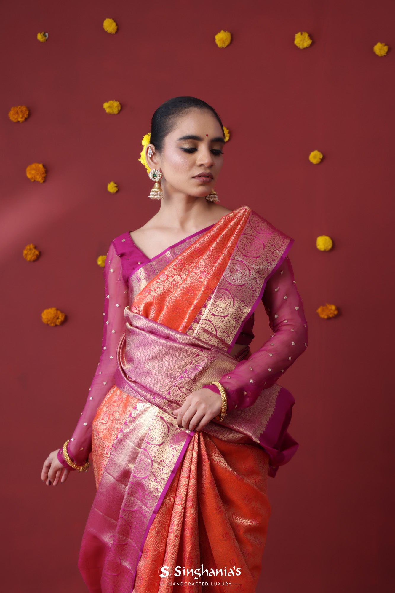 Bright Red Orange Kanjivaram Silk Saree With Floral Weaving