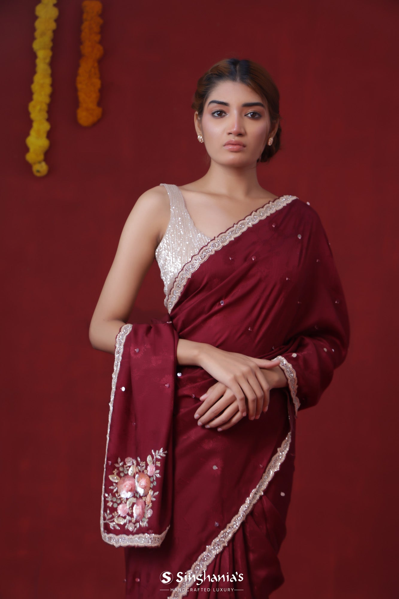 Crimson Maroon Modal Satin Saree With Hand Embroidery