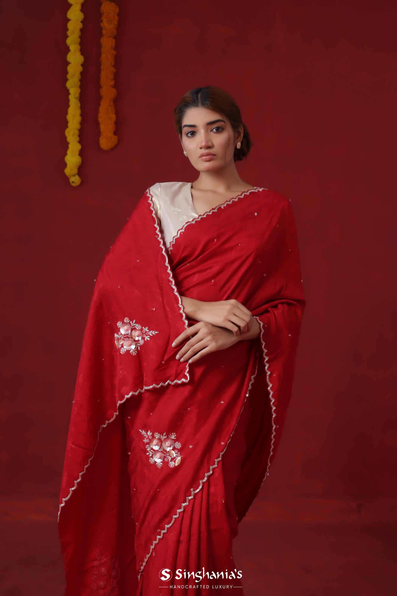 Crimson Red Modal Satin Saree With Hand Embroidery