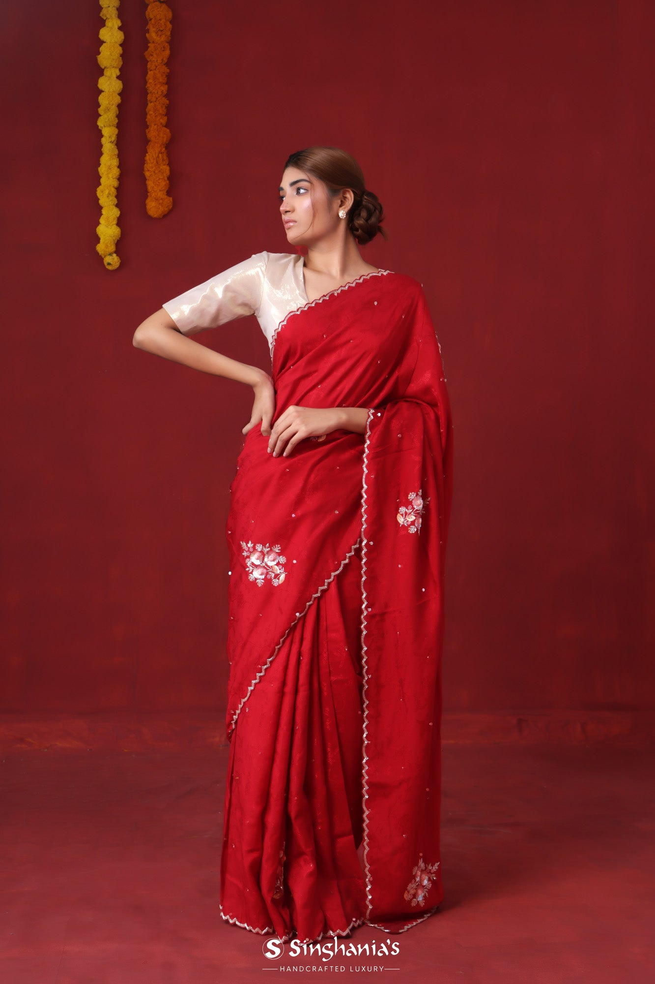 Crimson Red Modal Satin Saree With Hand Embroidery