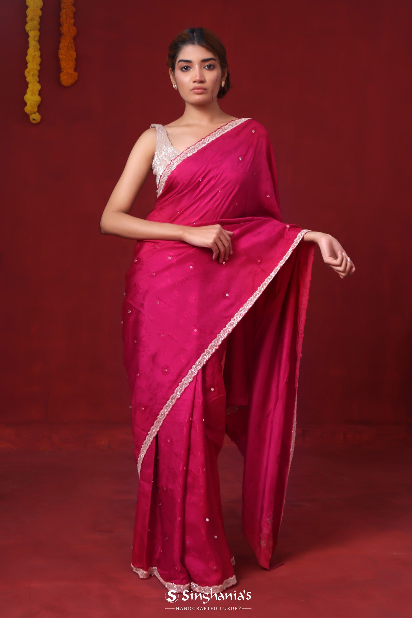 Ruby Pink Modal Satin Saree With Floral Embroidery