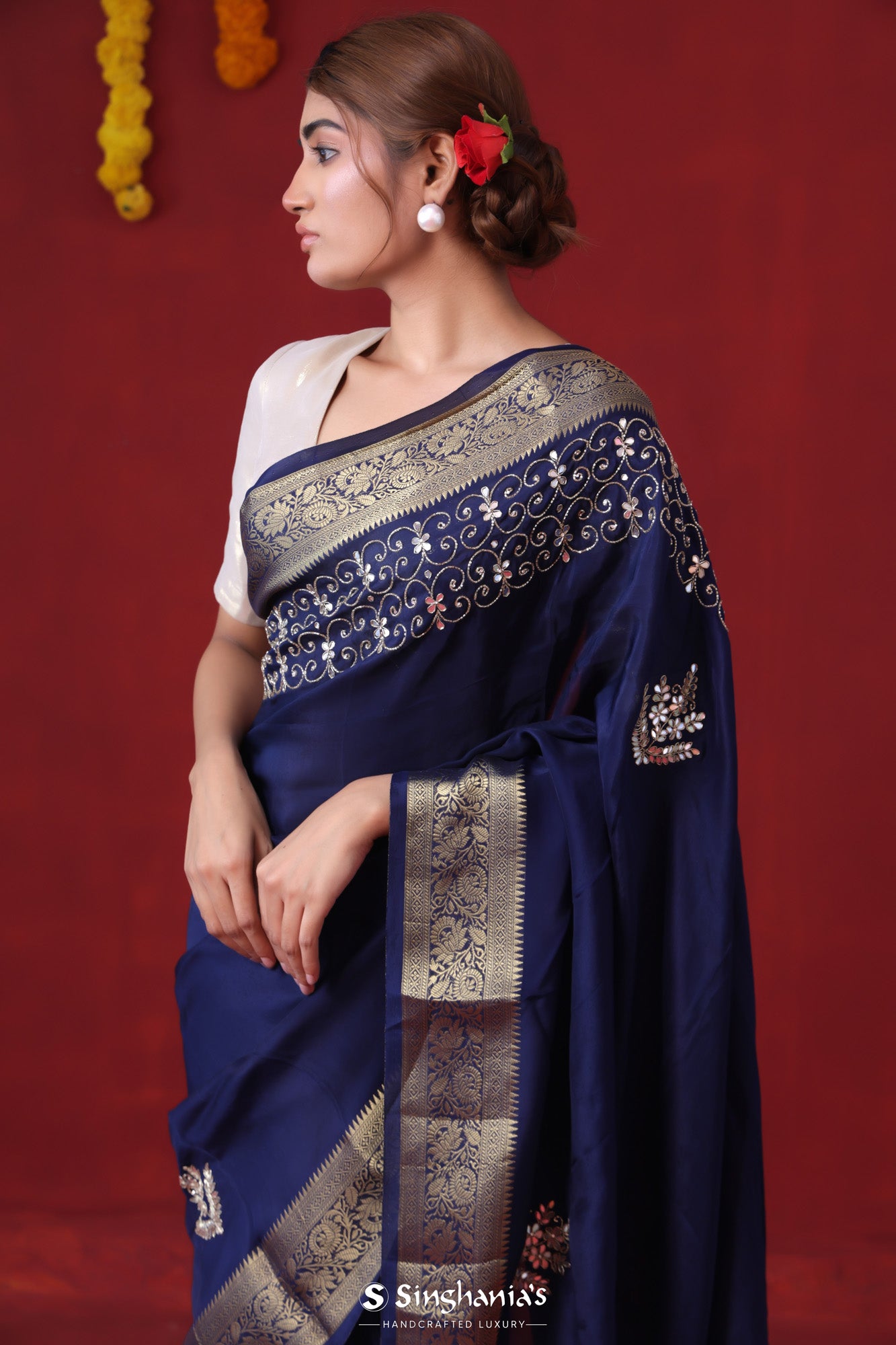 Deep Blue Soft Silk Saree With Floral Buttas