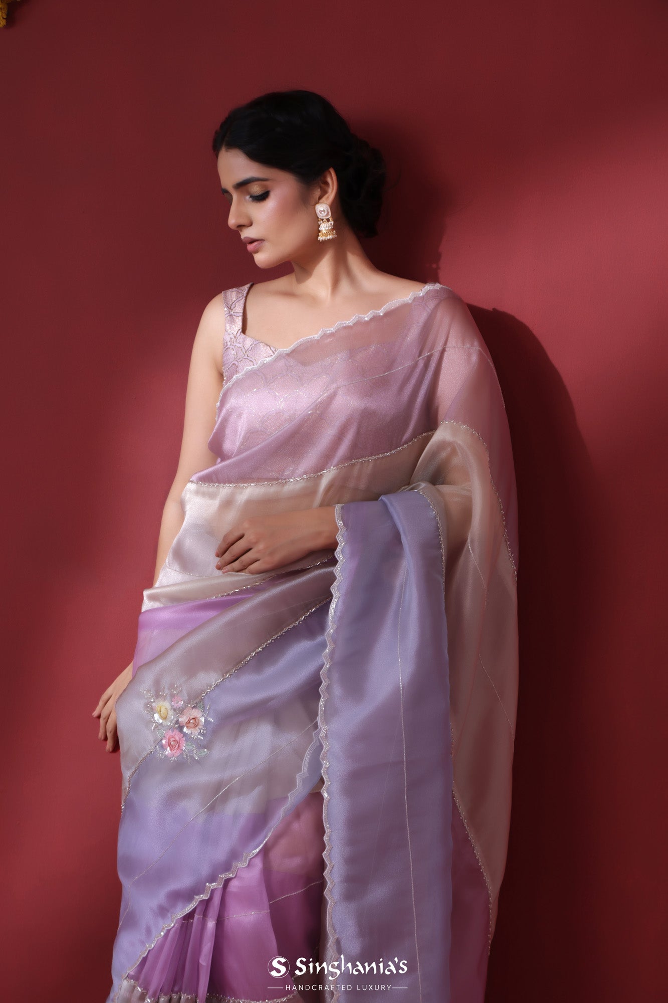 Lavender Grey Tissue Organza Saree With Hand Embroidery