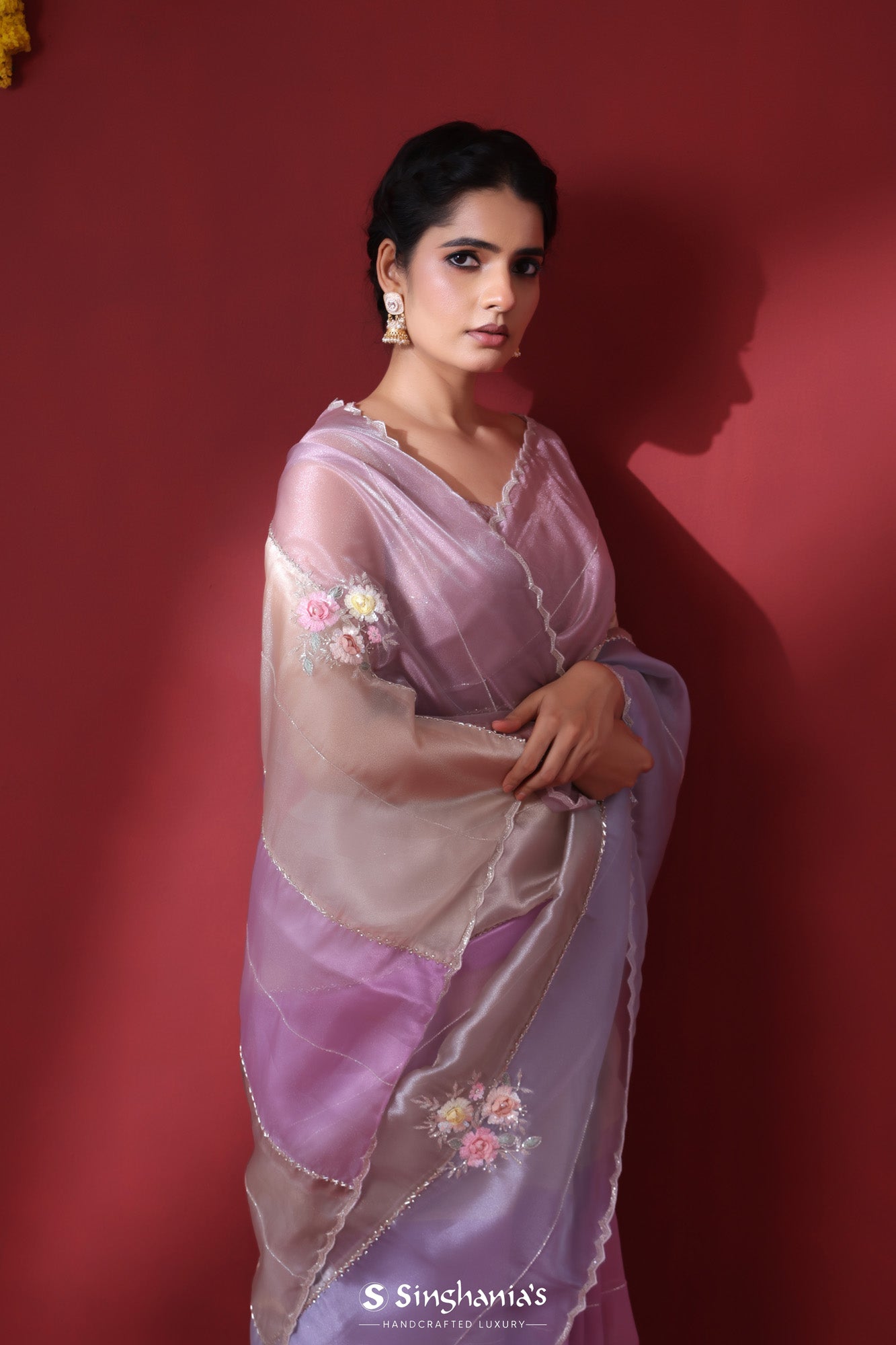 Lavender Grey Tissue Organza Saree With Hand Embroidery