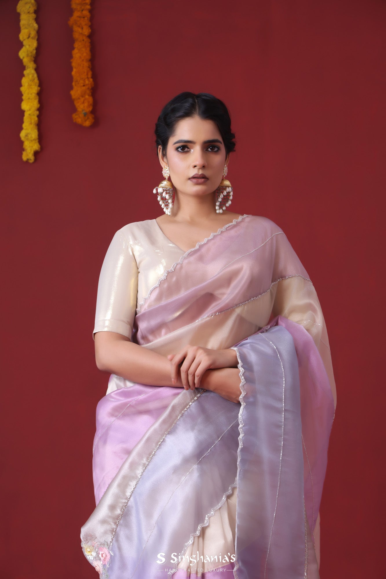 Pale Purple Tissue Organza Saree With Hand Embroidery