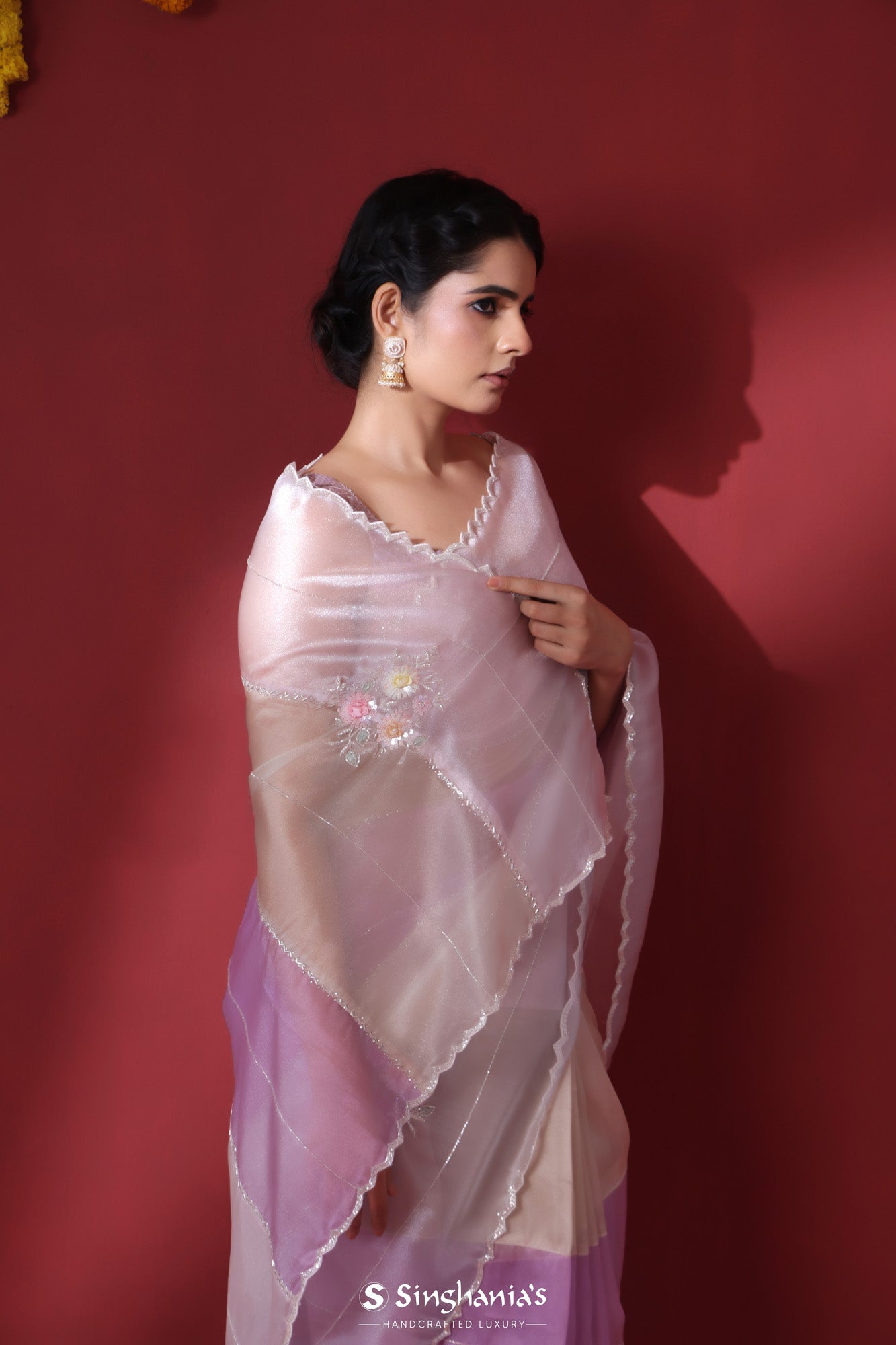 Pastel Mauve Tissue Organza Saree With Hand Embroidery