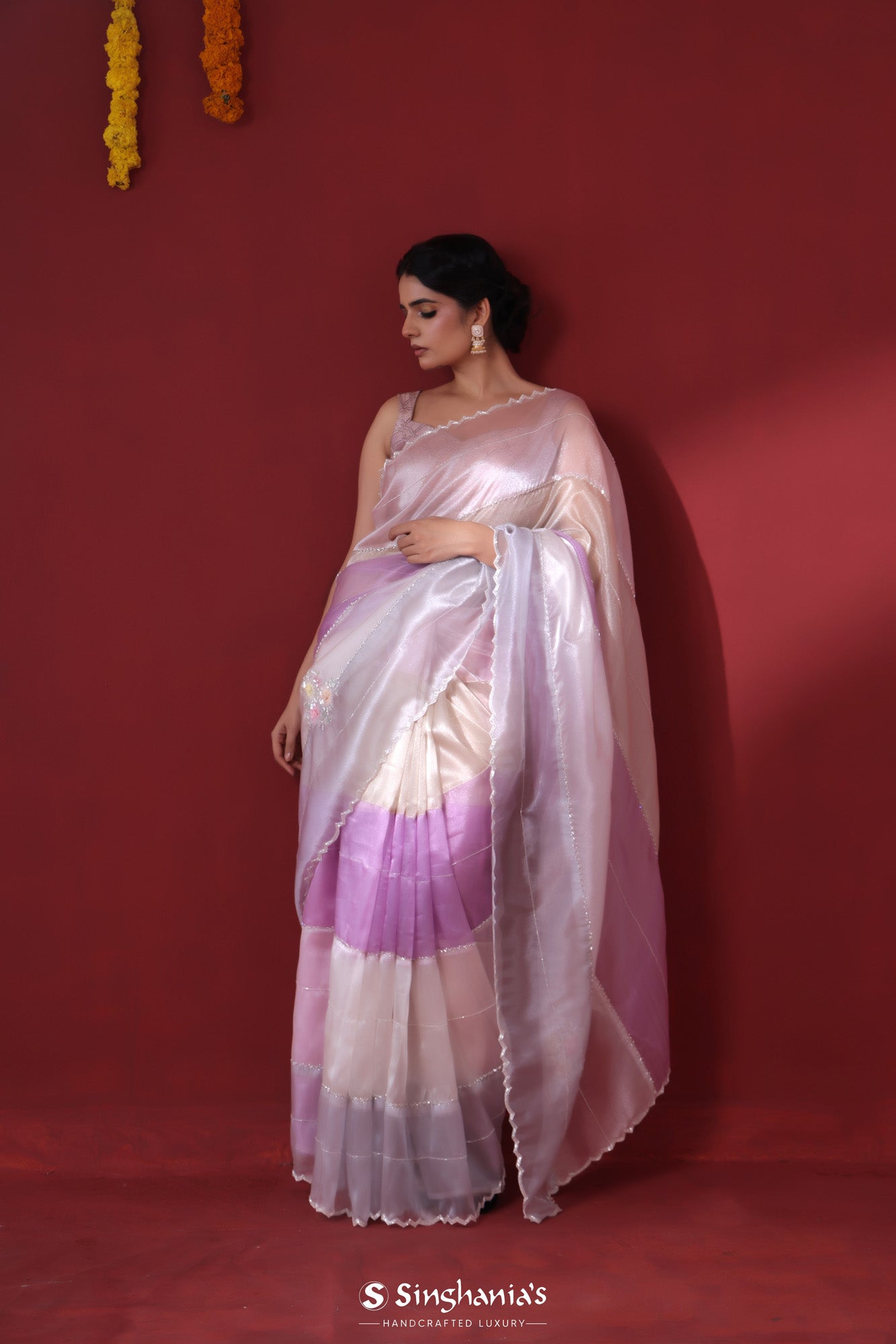 Pastel Mauve Tissue Organza Saree With Hand Embroidery