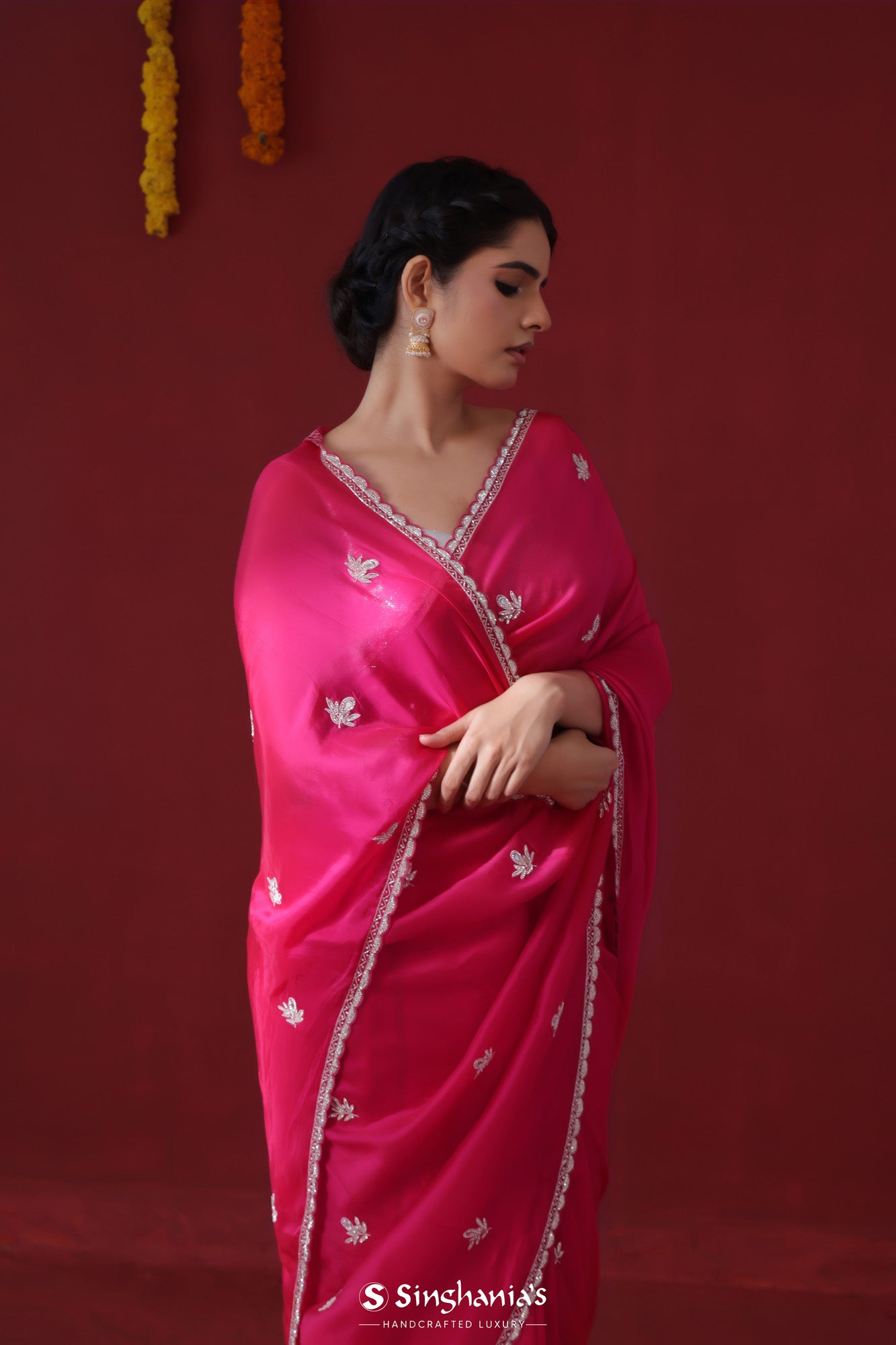 Ruby Red Handcrafted Satin Saree With Floral Butti