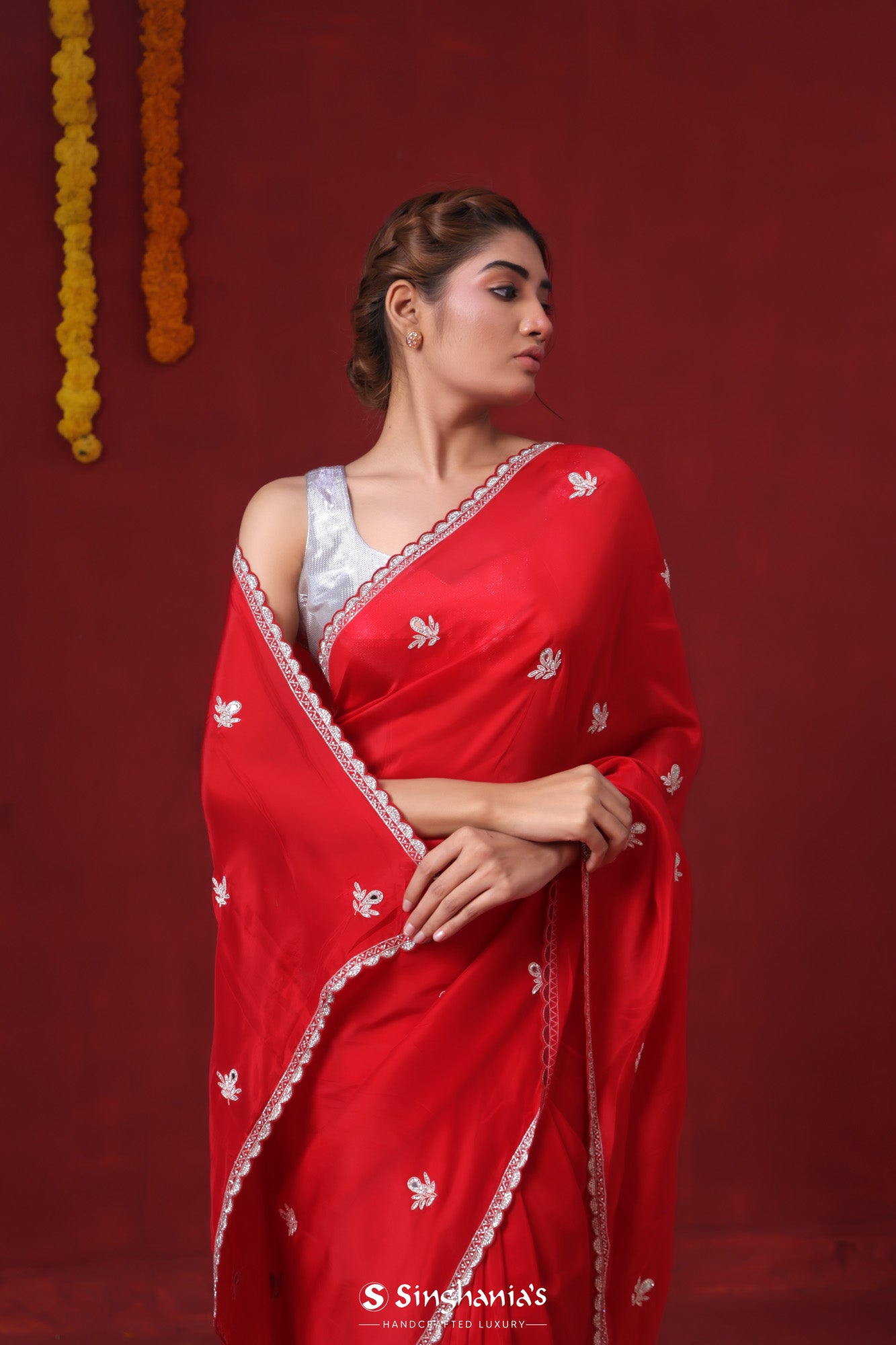 Prismatic Red Modal Satin Saree With Hand Embroidery