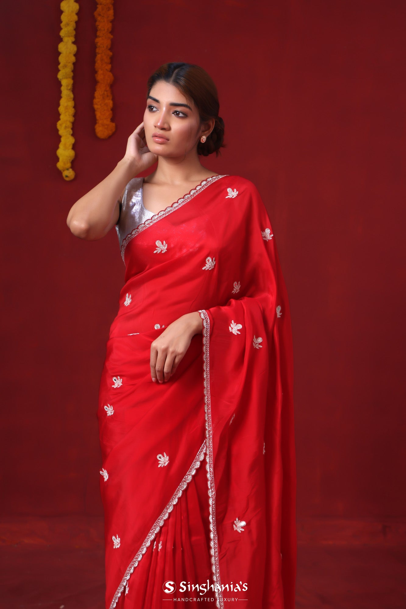 Prismatic Red Modal Satin Saree With Hand Embroidery