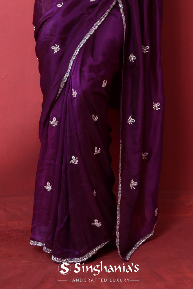 Palatinate Purple Tissue Organza Saree With Hand Embroidery