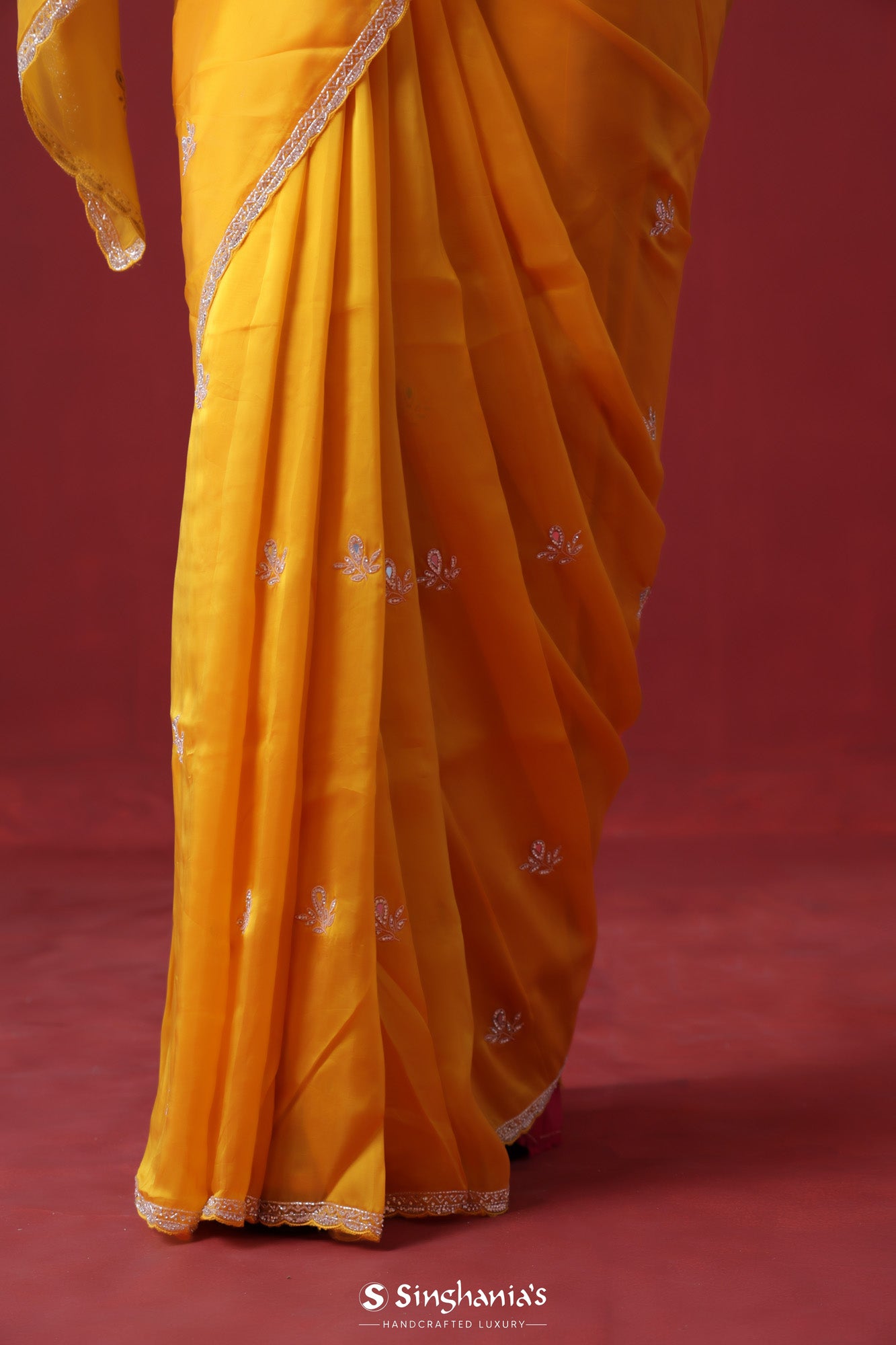 Amber Yellow Handcrafted Satin Saree With Floral Butti