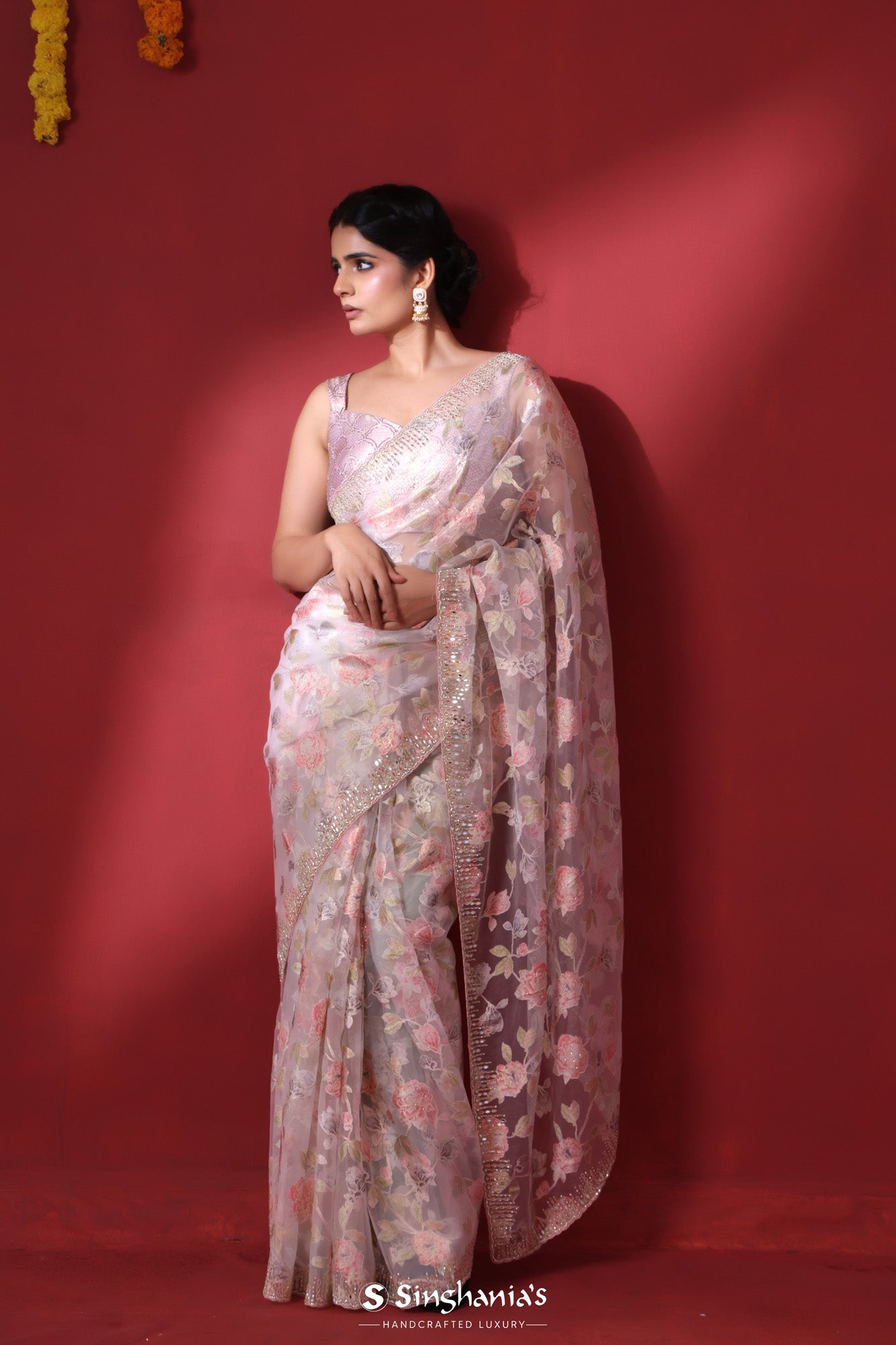 Dull White Printed Organza Saree With Embroidery Border