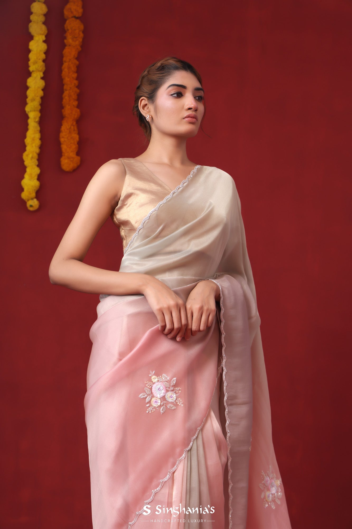Pink-Peach Tissue Organza Saree With Hand Embroidery