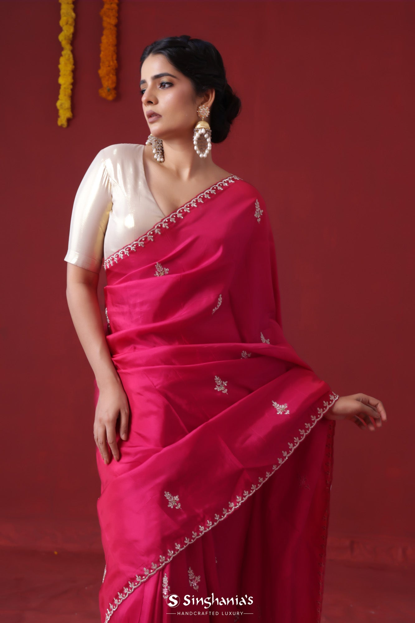 Ruby Pink Handcrafted Satin Saree With Floral Butti