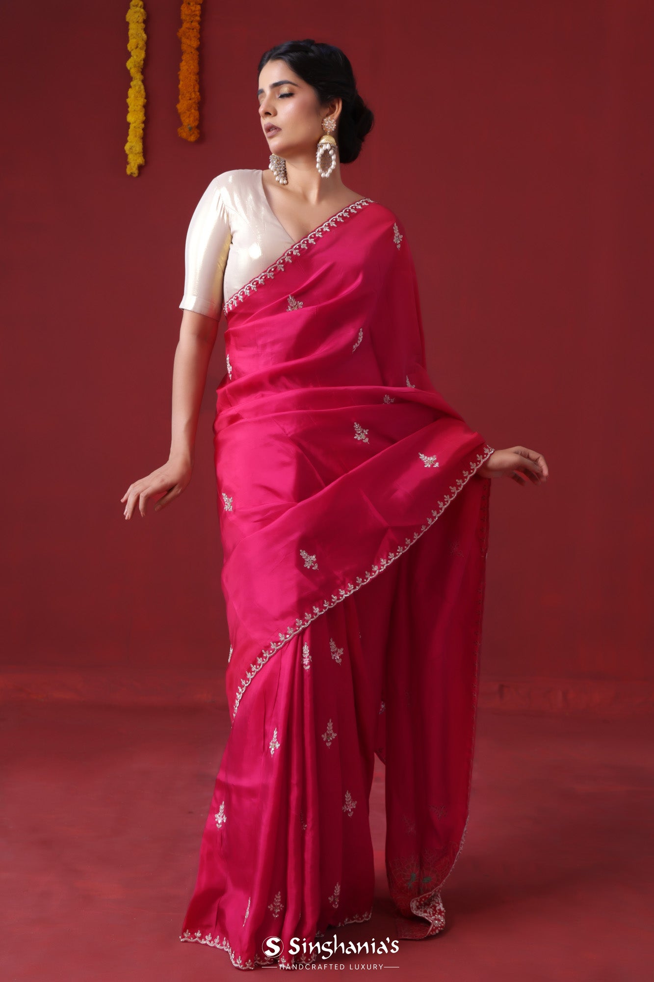 Ruby Pink Handcrafted Satin Saree With Floral Butti