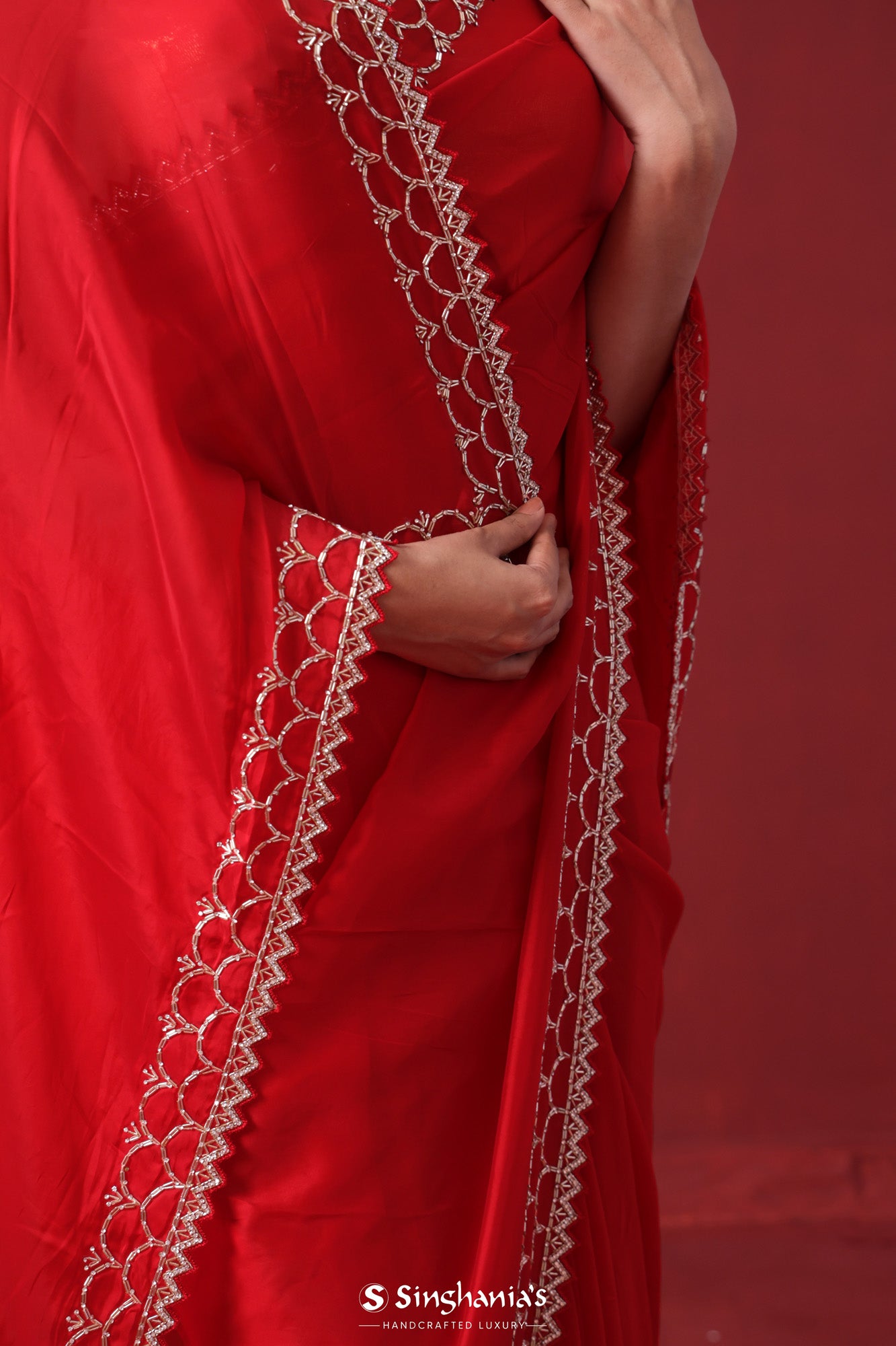 Crimson Red Handcrafted Satin Saree With Floral Border