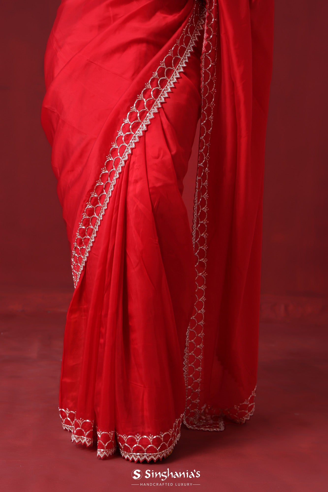 Crimson Red Handcrafted Satin Saree With Floral Border