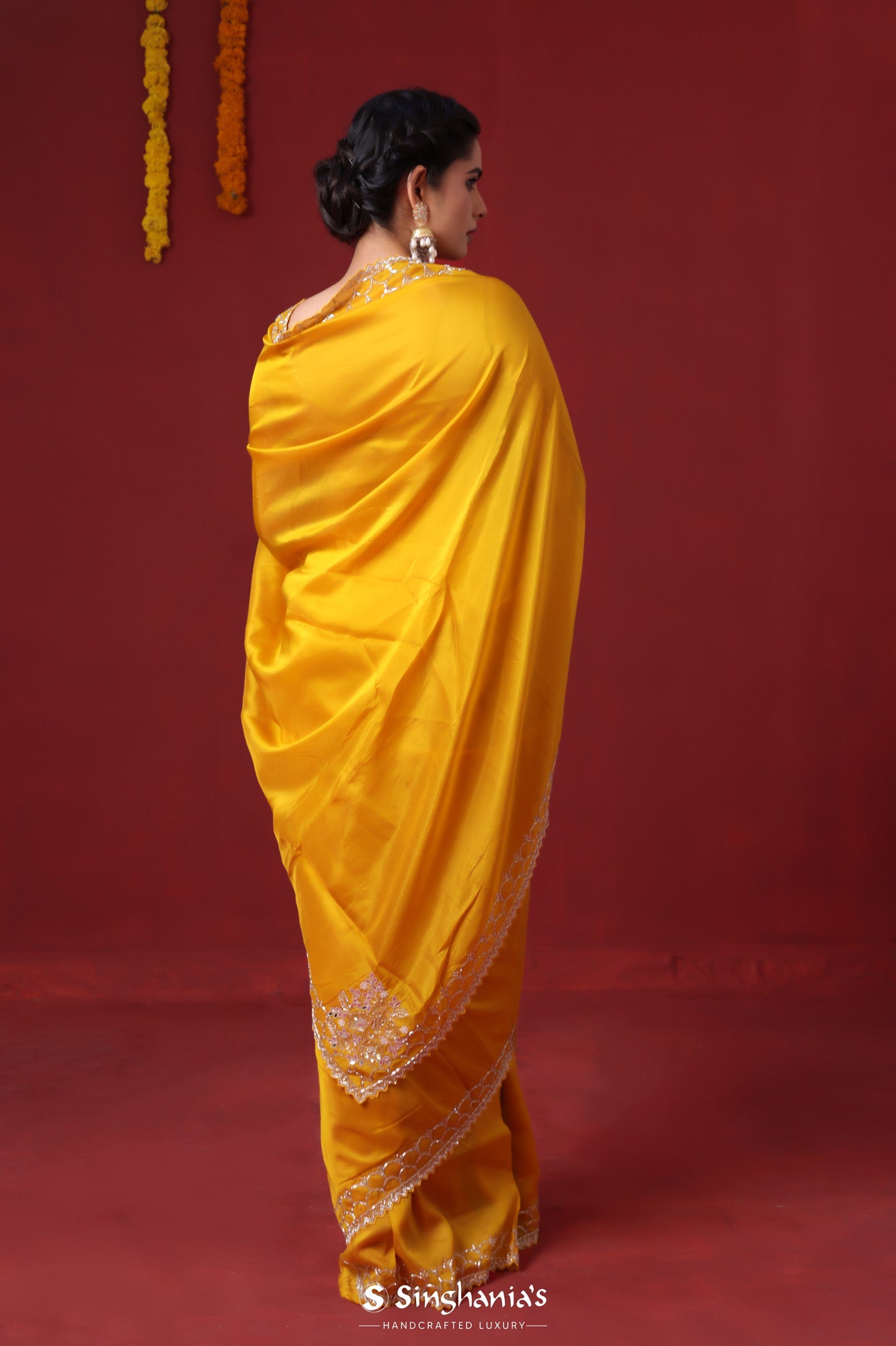 Empire Yellow Satin Saree With Embroidery Border