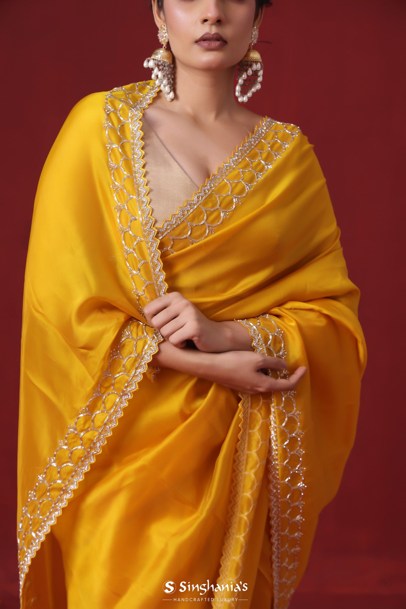 Empire Yellow Satin Saree With Embroidery Border