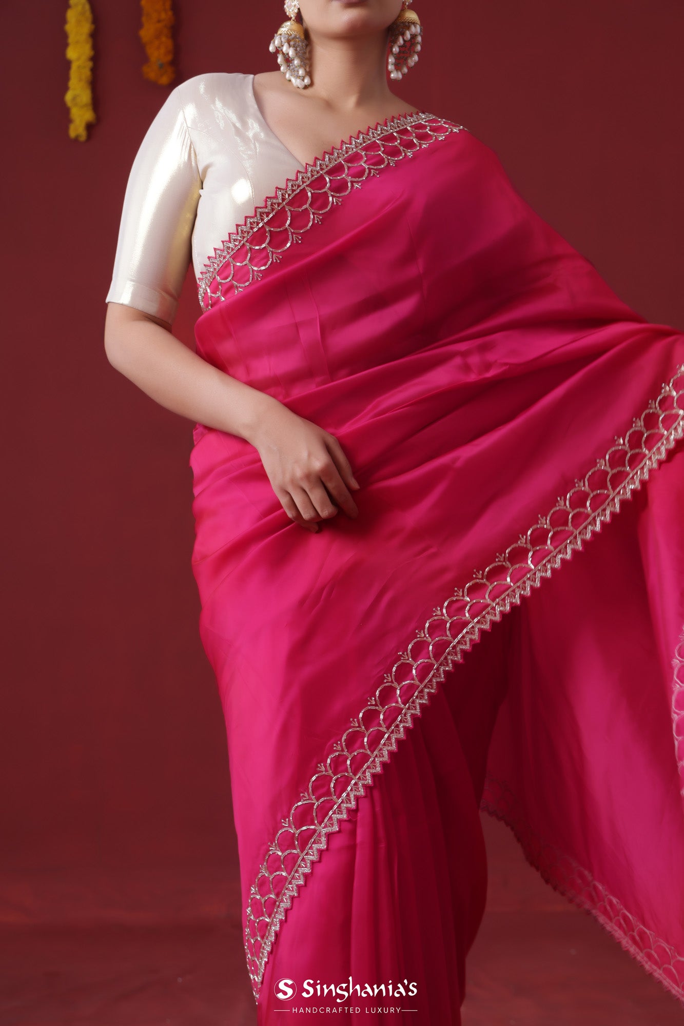 Rubine Red Handcrafted Satin Saree With Floral Butti