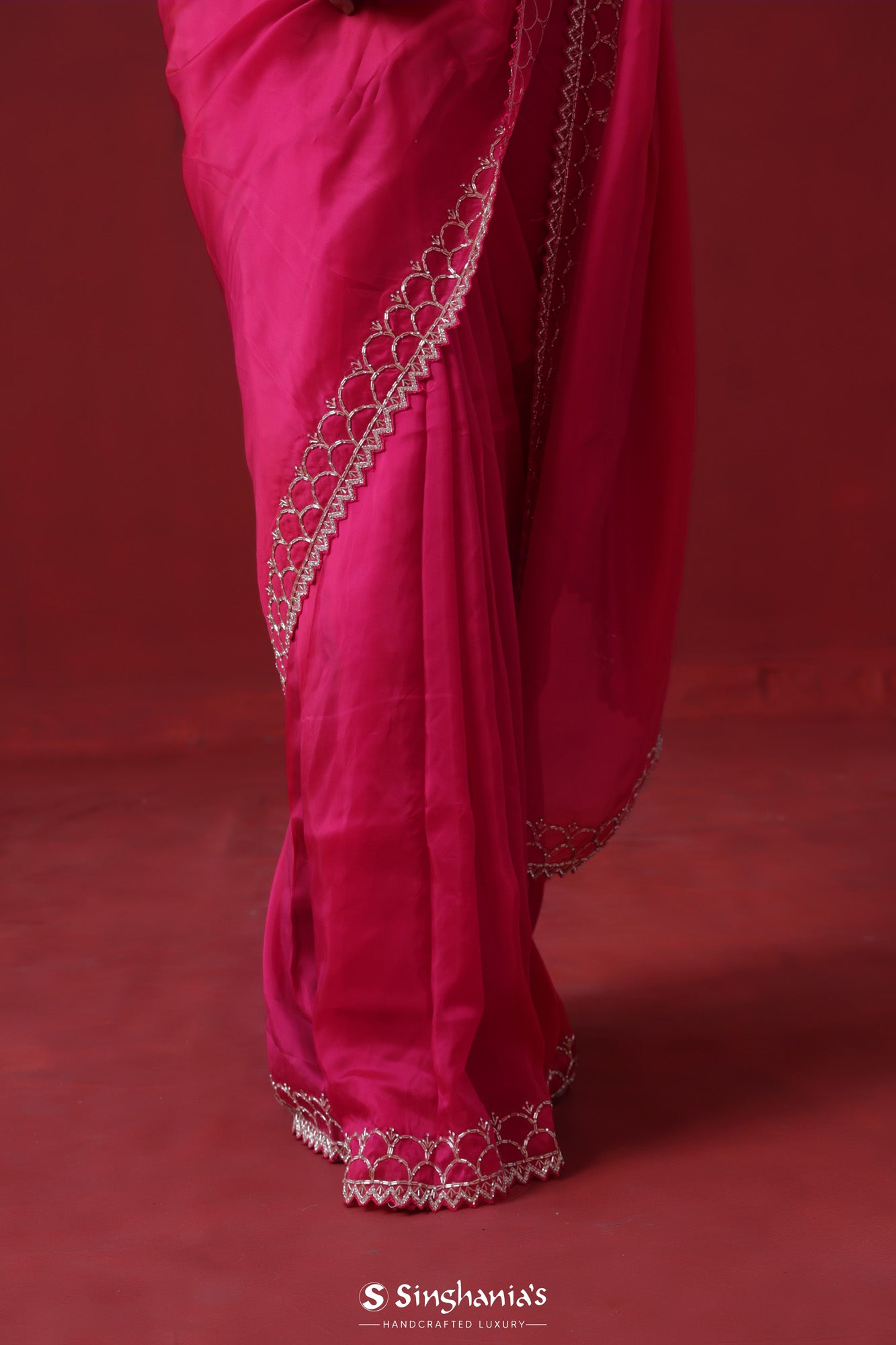 Rubine Red Handcrafted Satin Saree With Floral Butti