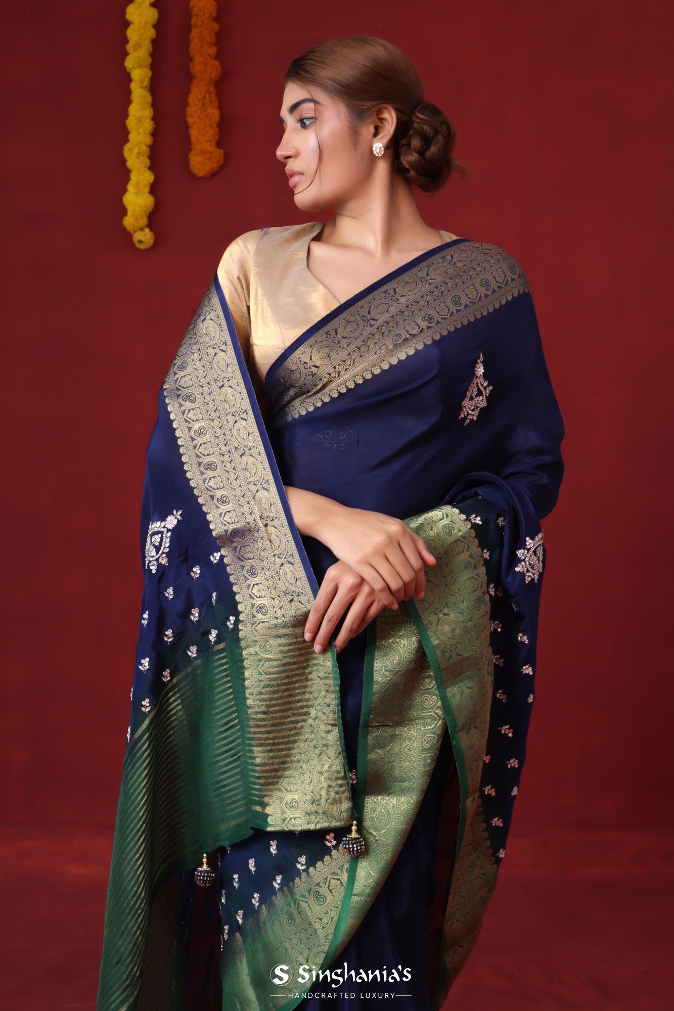 Navy Blue Embroidery Modal Satin Saree With Contrast Pallu
