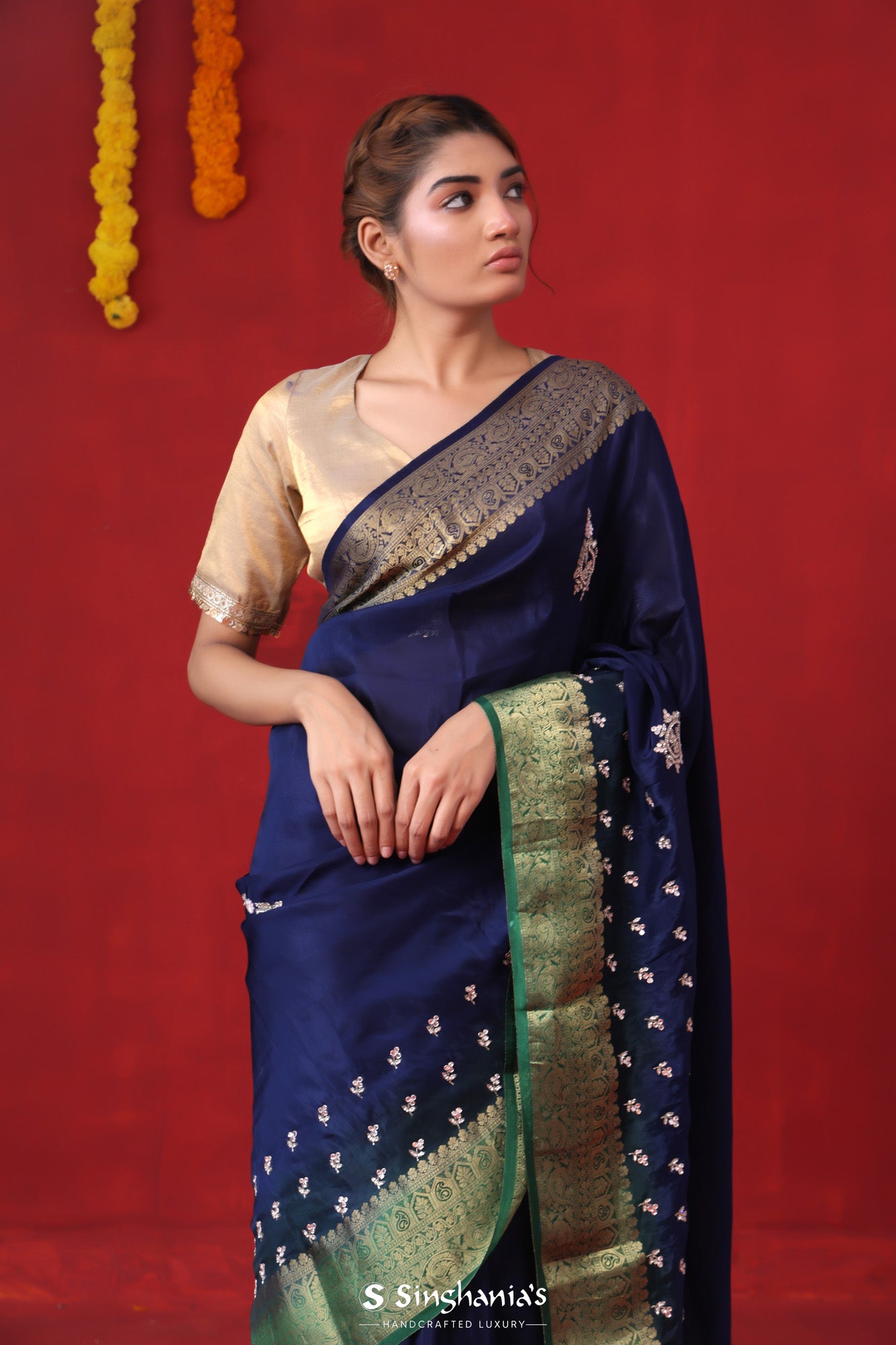 Navy Blue Embroidery Modal Satin Saree With Contrast Pallu