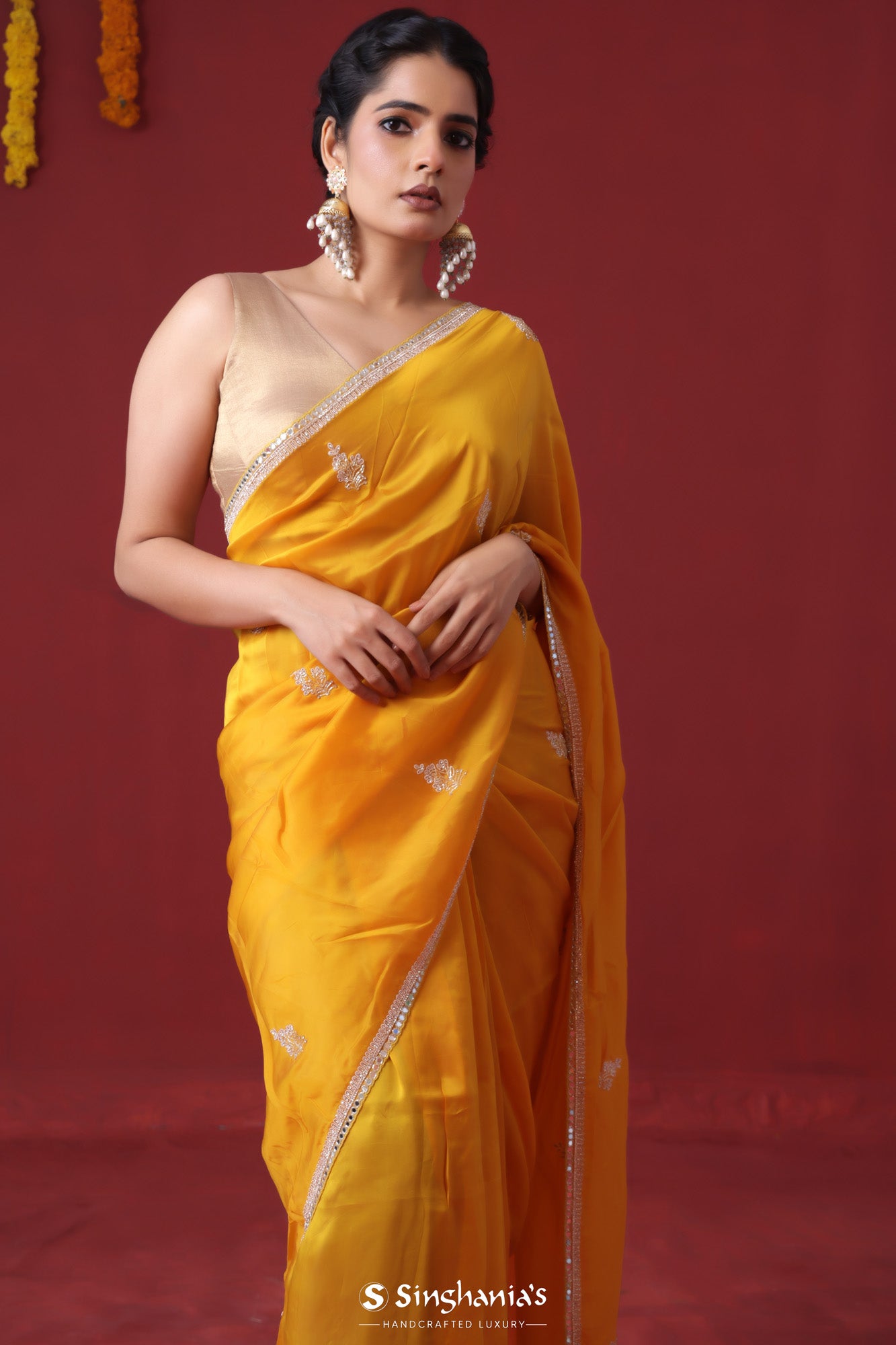 Golden Yellow Handcrafted Satin Saree With Floral Butti