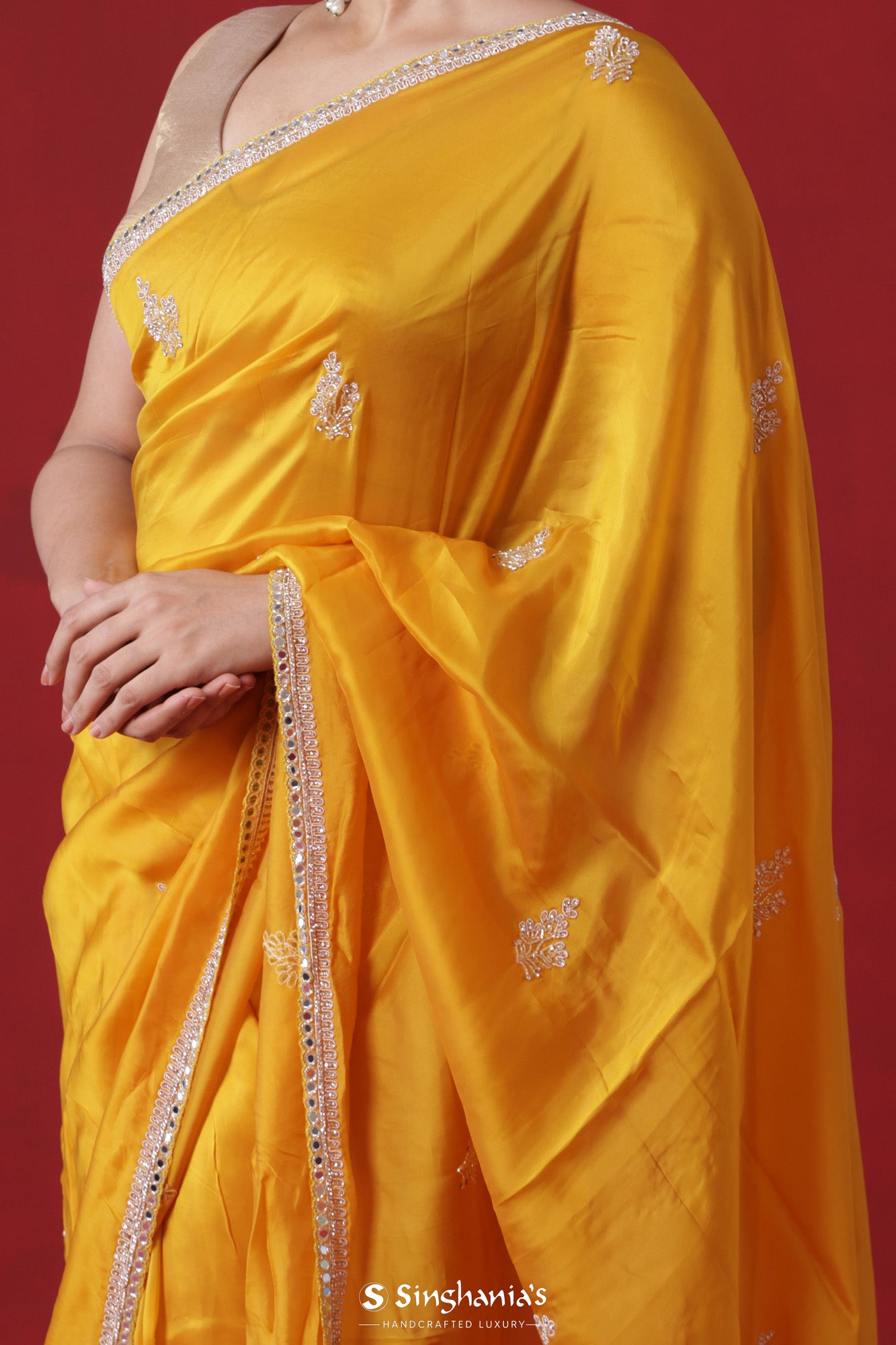 Golden Yellow Handcrafted Satin Saree With Floral Butti