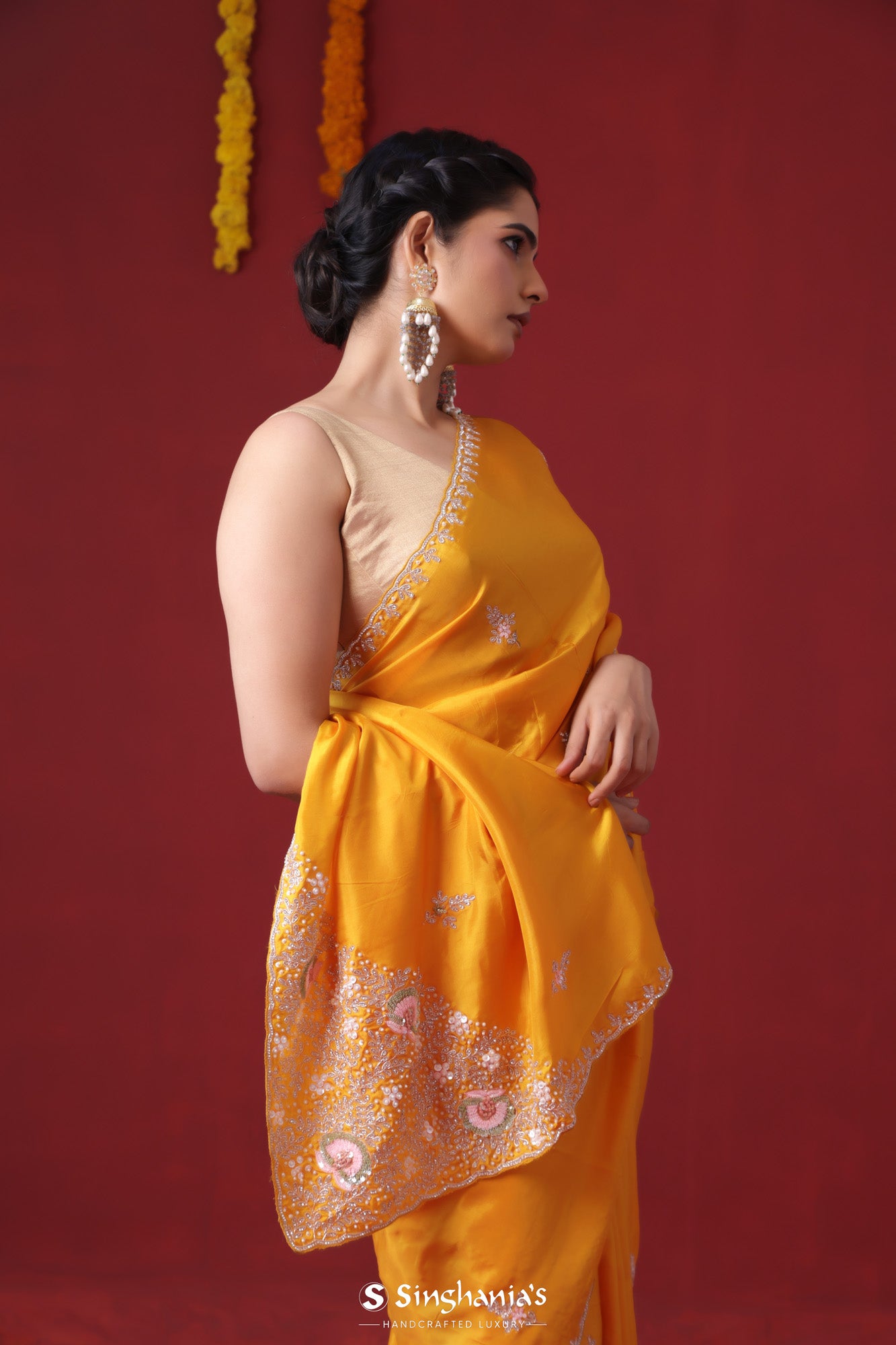 Marigold Yellow Handcrafted Soft Silk Saree With Floral Butti