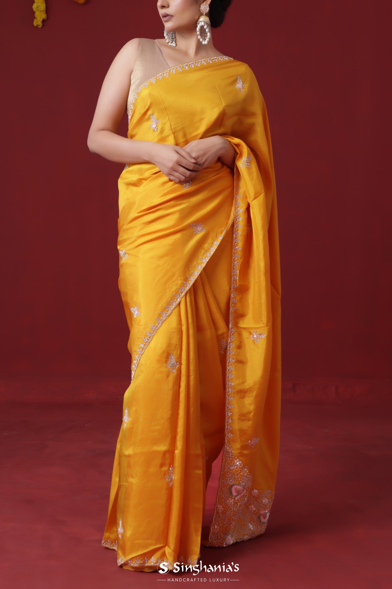 Marigold Yellow Handcrafted Soft Silk Saree With Floral Butti