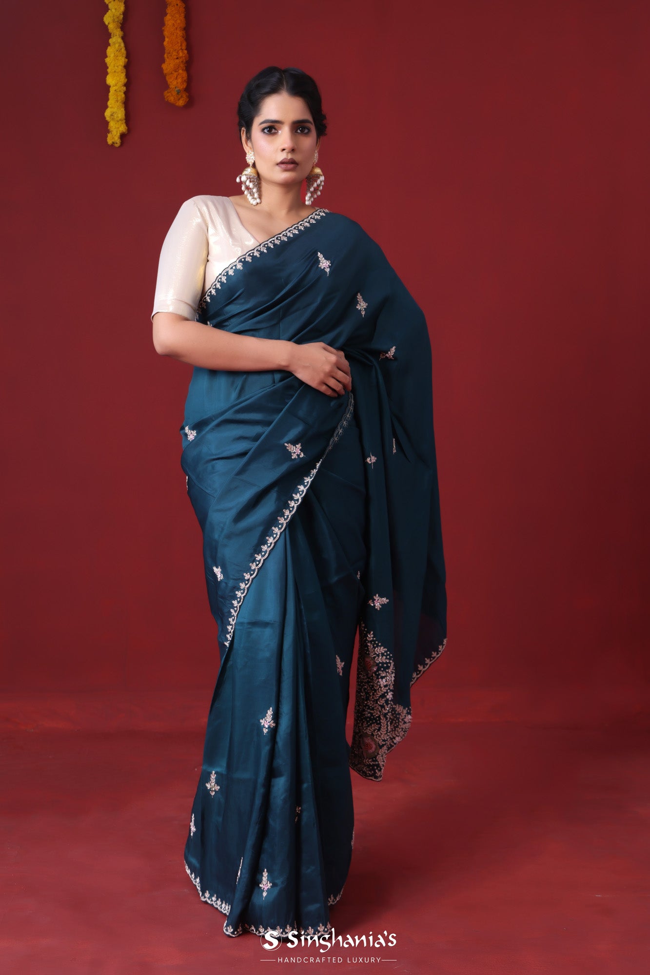 Capital Blue Handcrafted Satin Saree With Floral Butti