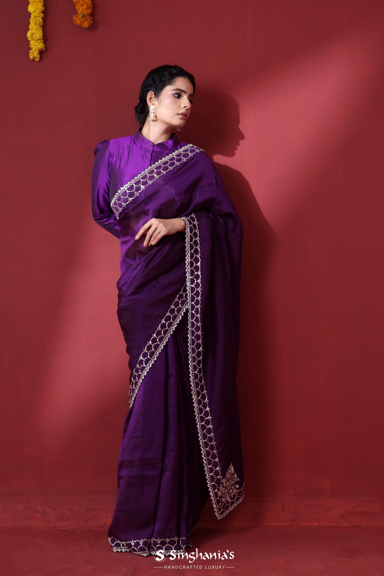 Dark Purple Handcrafted Satin Saree With Floral Border