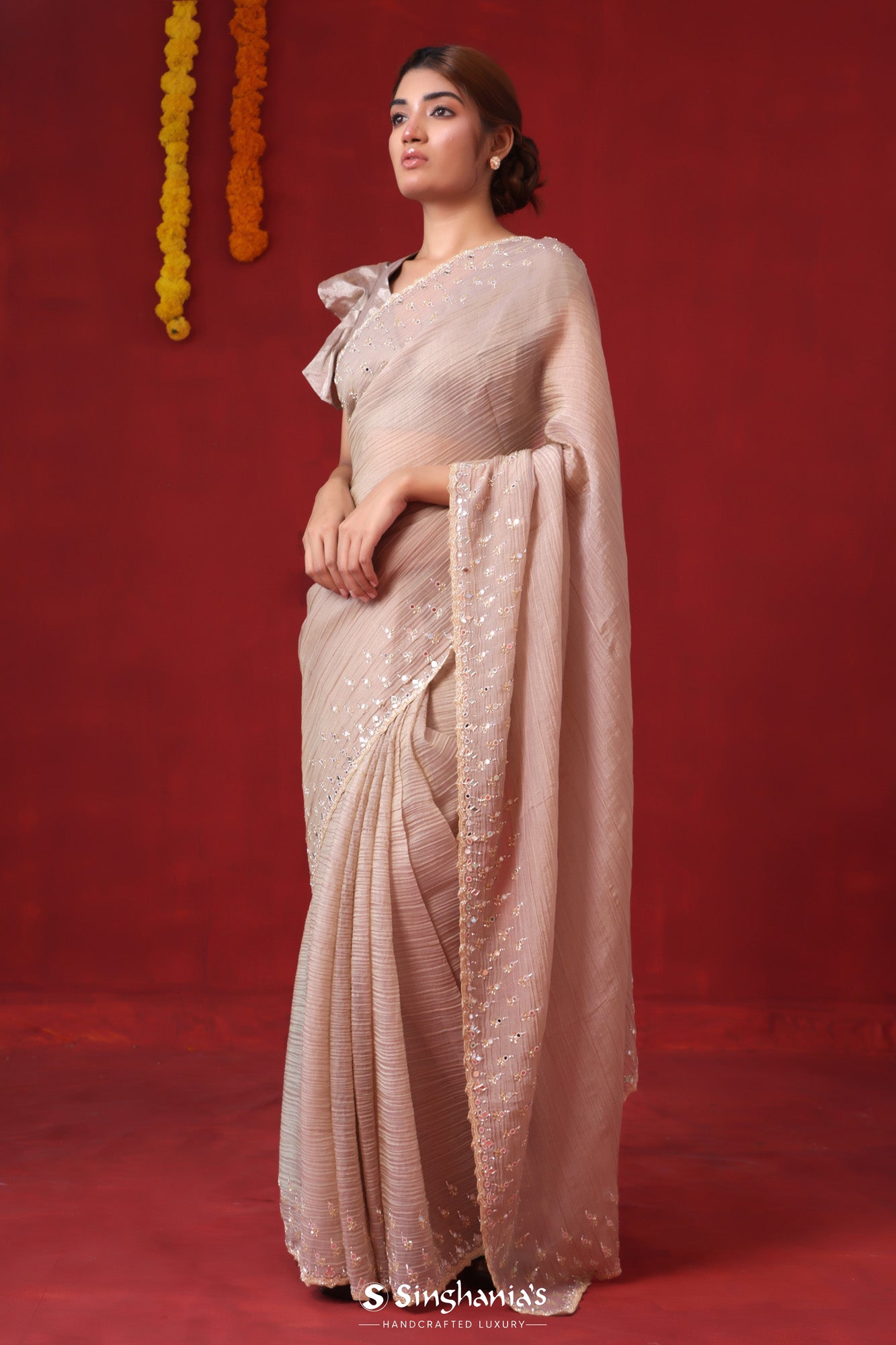 Pink Grey Tissue Organza Saree With Hand Embroidery