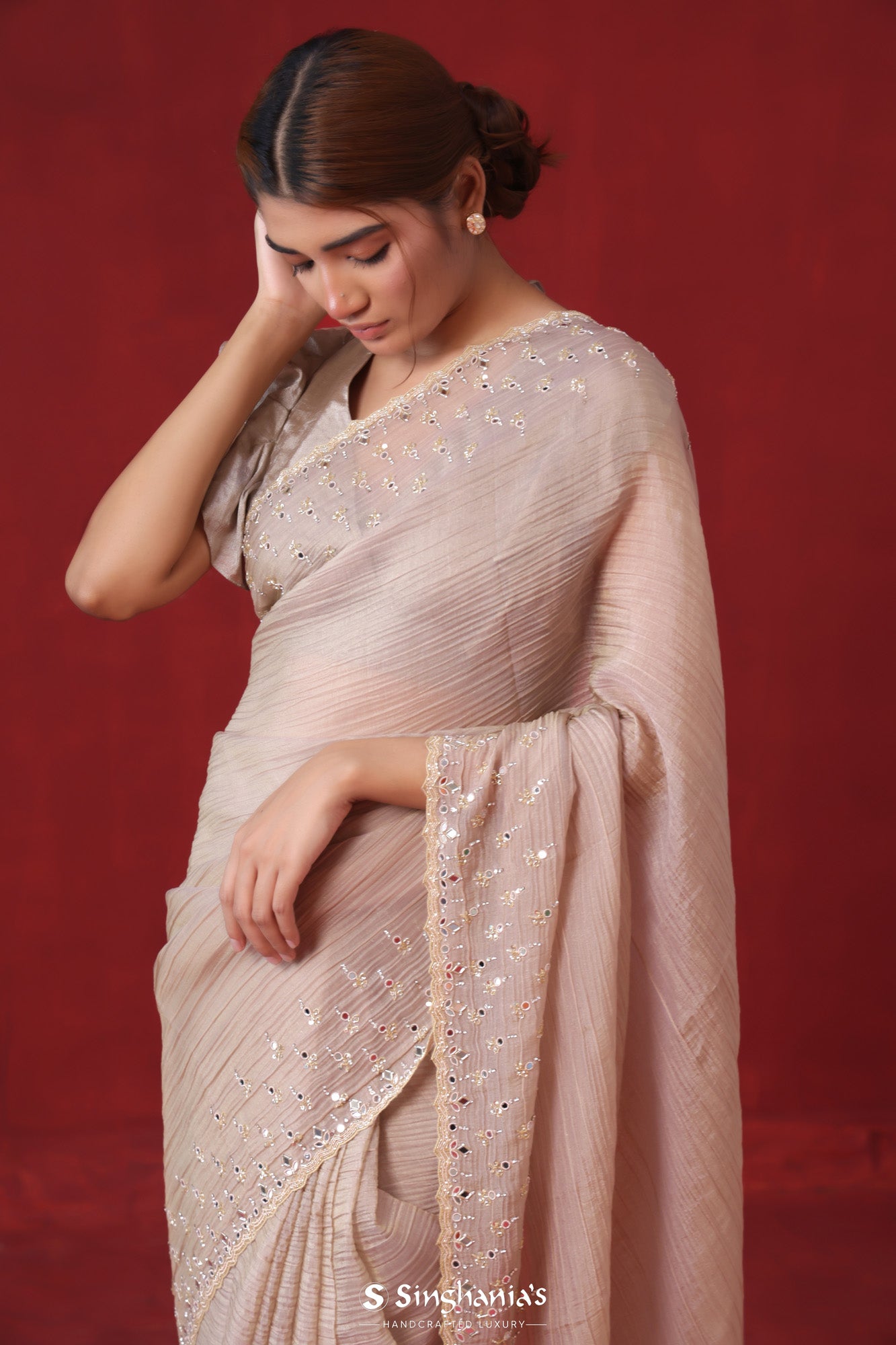 Pink Grey Tissue Organza Saree With Hand Embroidery