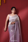 Thistle Purple Handcrafted Tissue Organza Saree With Floral Buttas