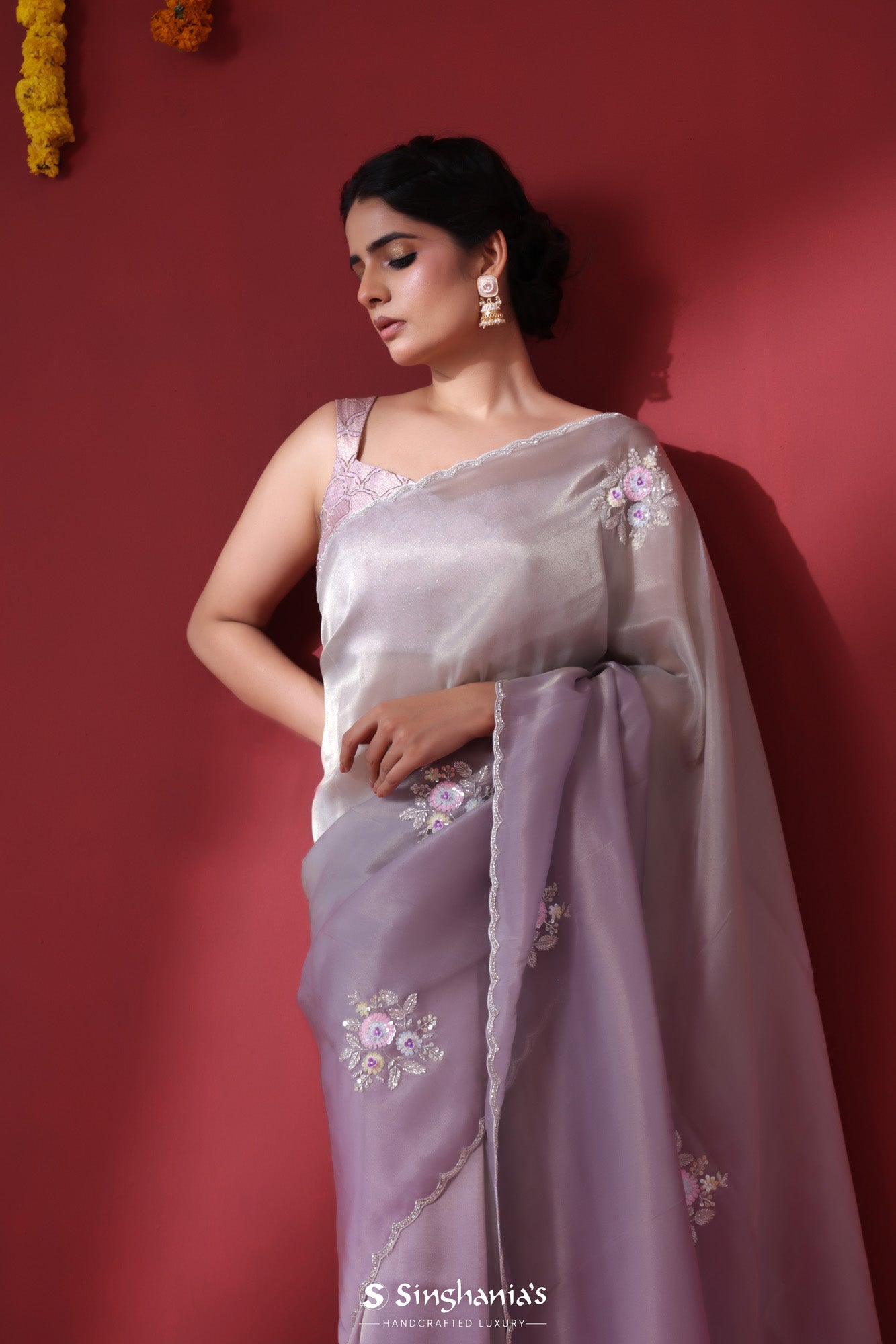 Thistle Purple Handcrafted Tissue Organza Saree With Floral Buttas