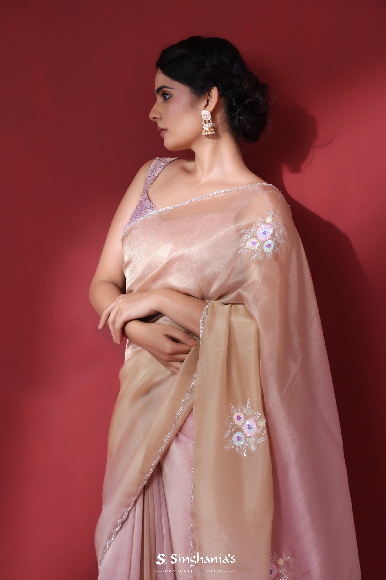 Pastel Pink-Brown Tissue Organza Saree With Hand Embroidery