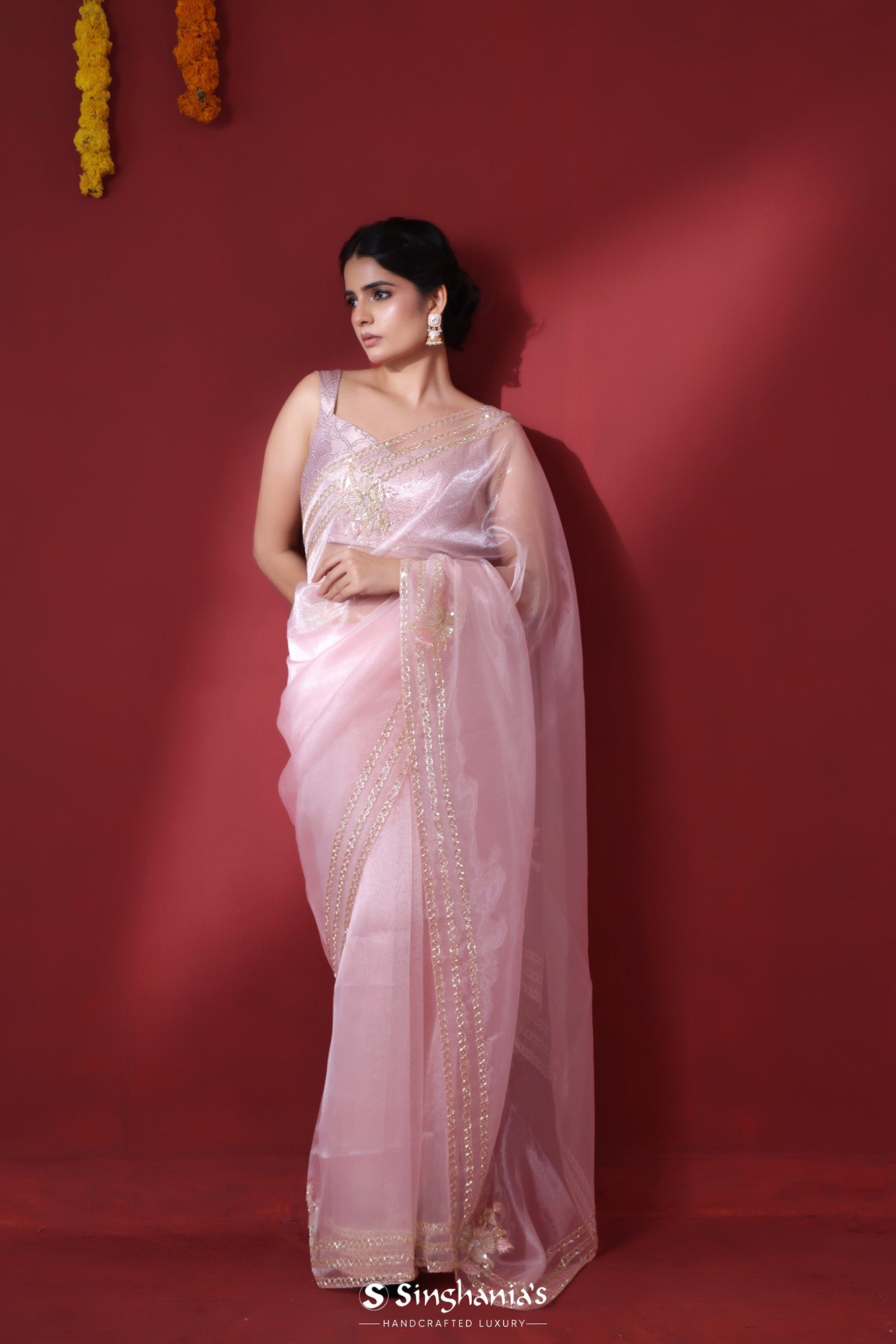 Shop Dusty Pink Tussar Georgette Sari Online in USA |Embroidered Border –  Pure Elegance