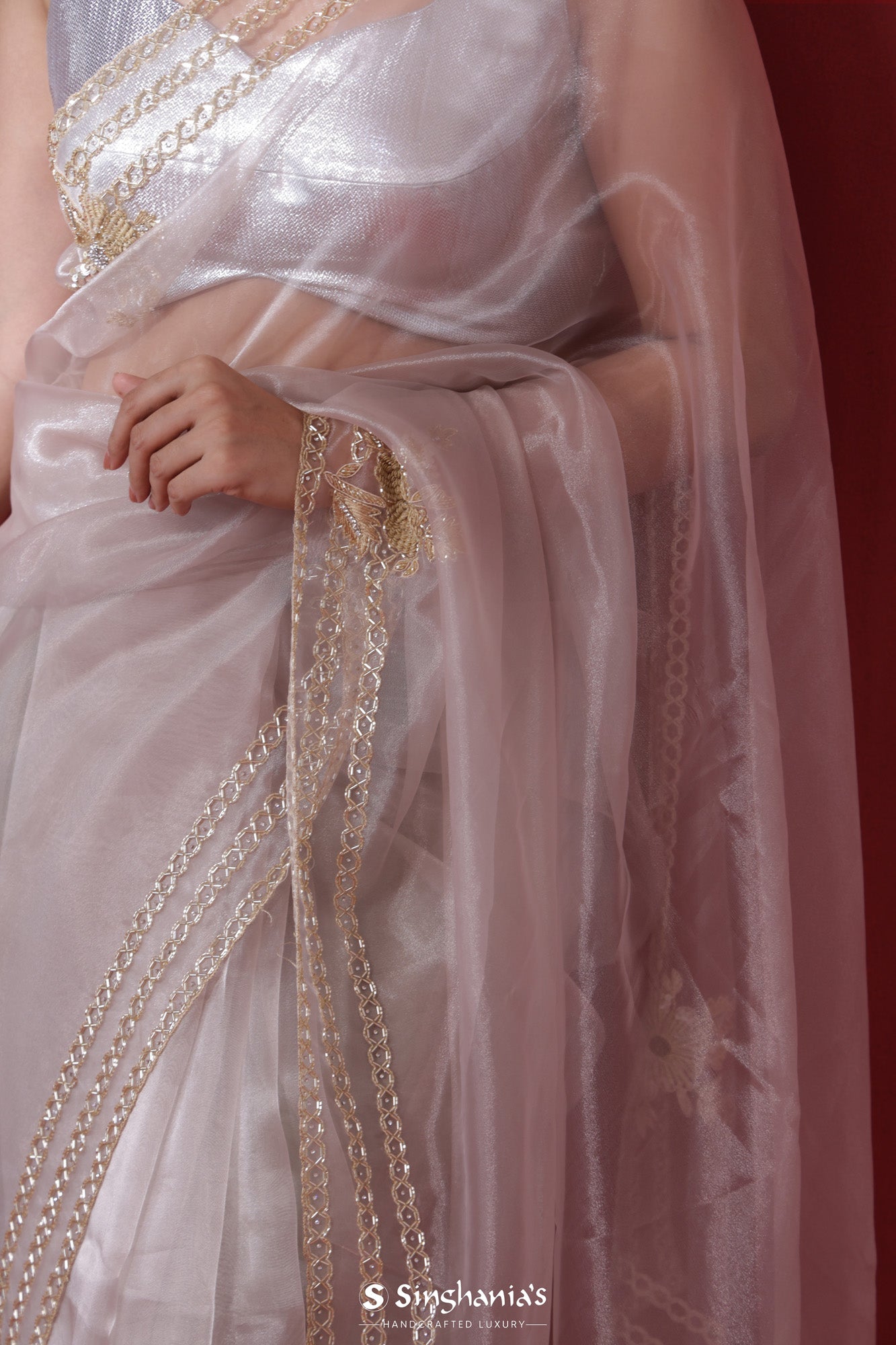 Pale Pink Tissue Organza Saree With Embroidery Border