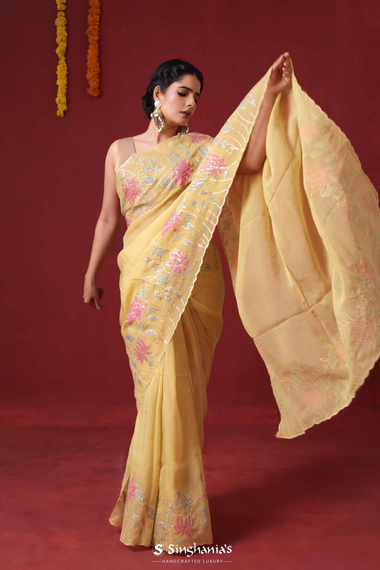 Arylide Yellow Satin Saree With Gota Patti Border