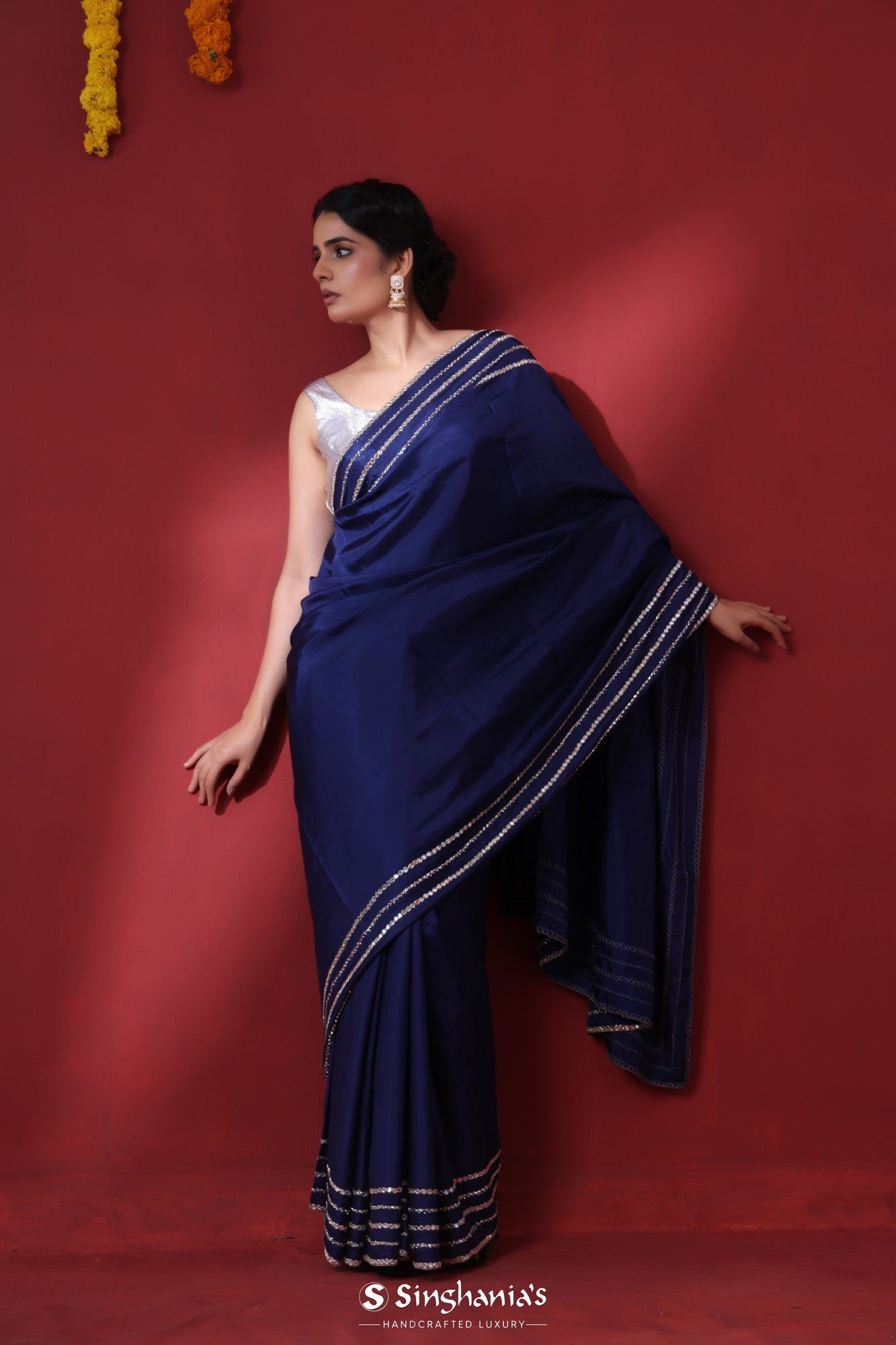 Admiral Blue Satin Saree With Embroidery Border