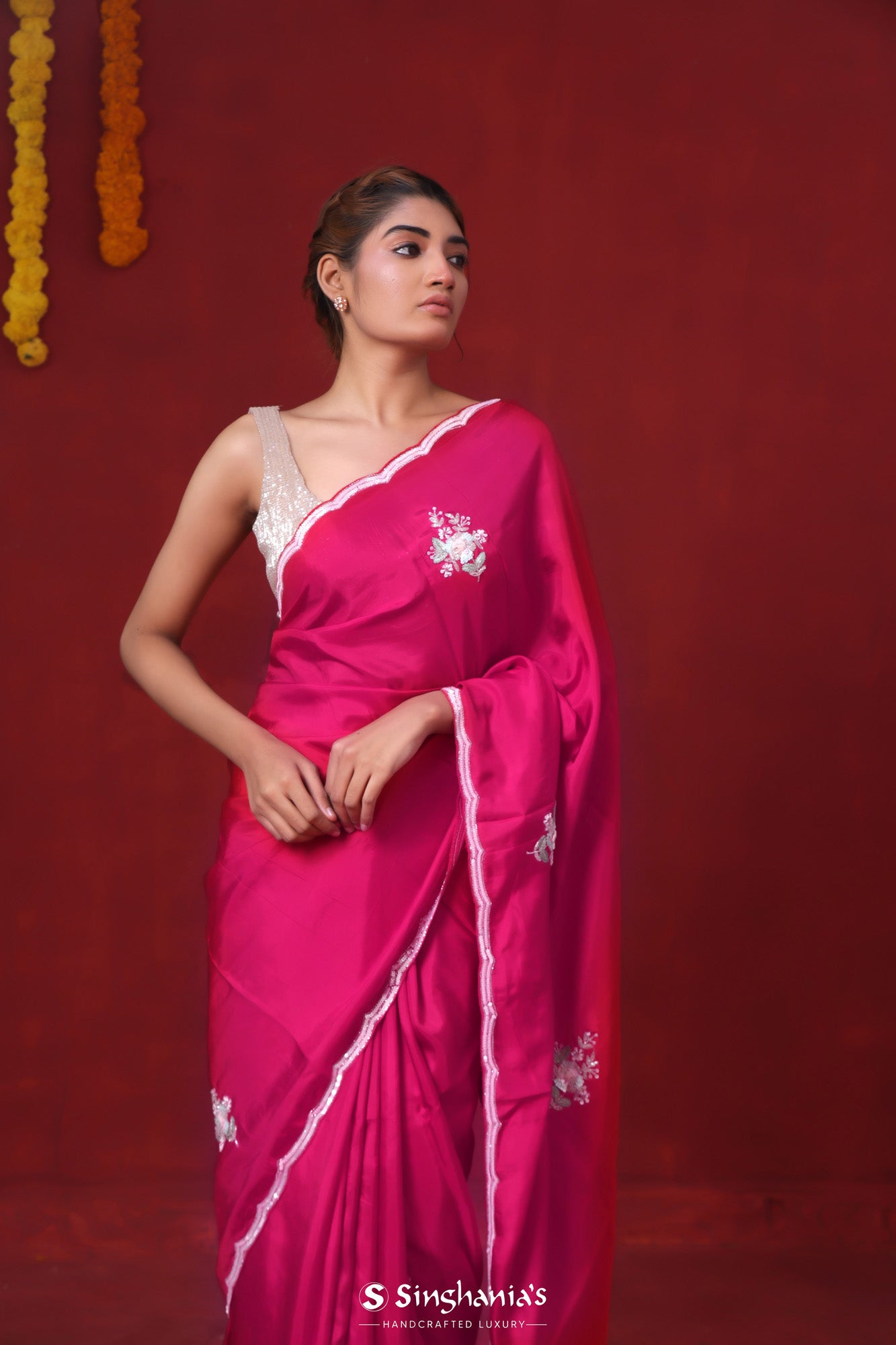 Ruby Pink Embroidery Modal Satin Saree With Floral Butta Pattern
