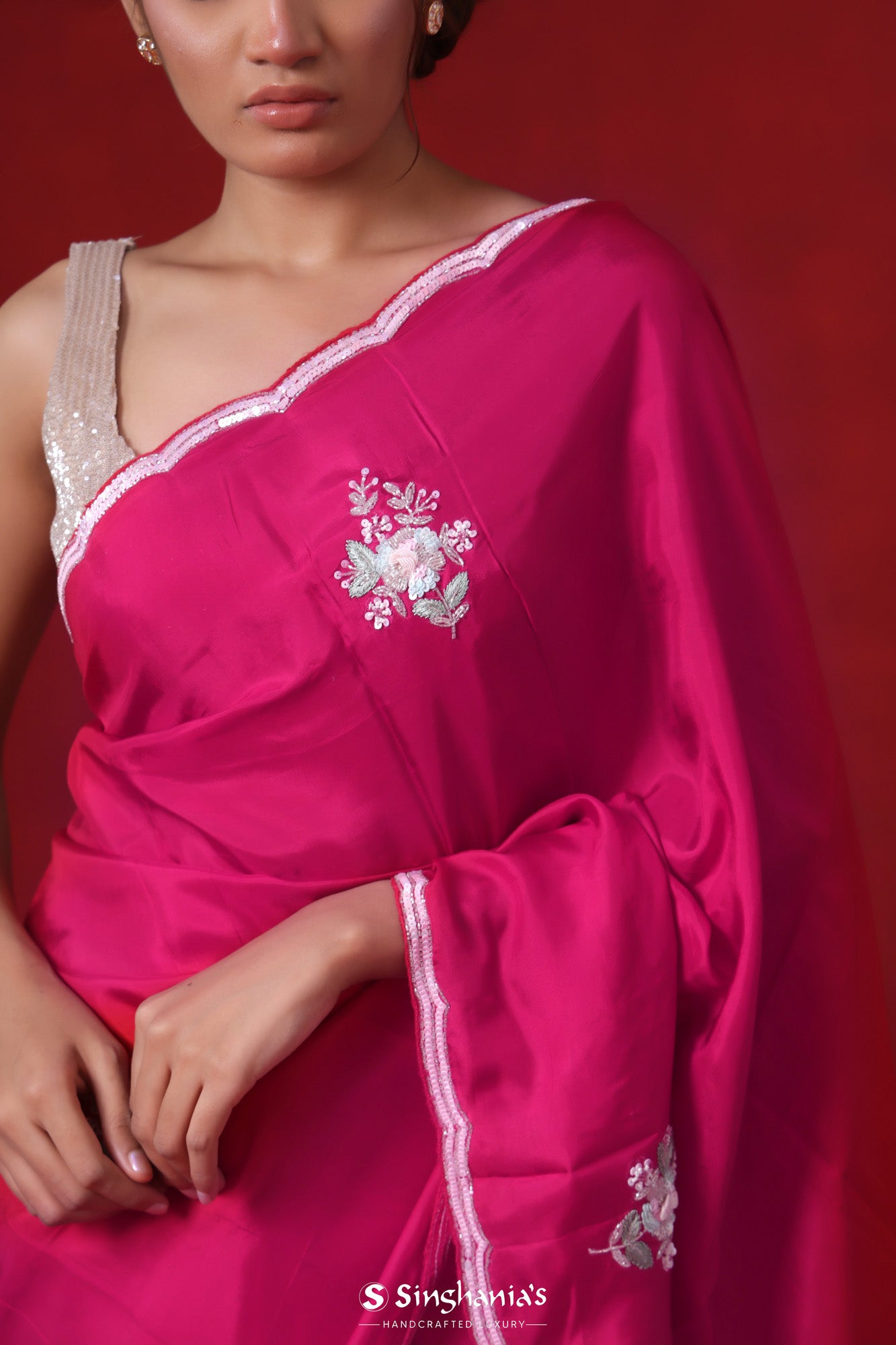 Ruby Pink Embroidery Modal Satin Saree With Floral Butta Pattern