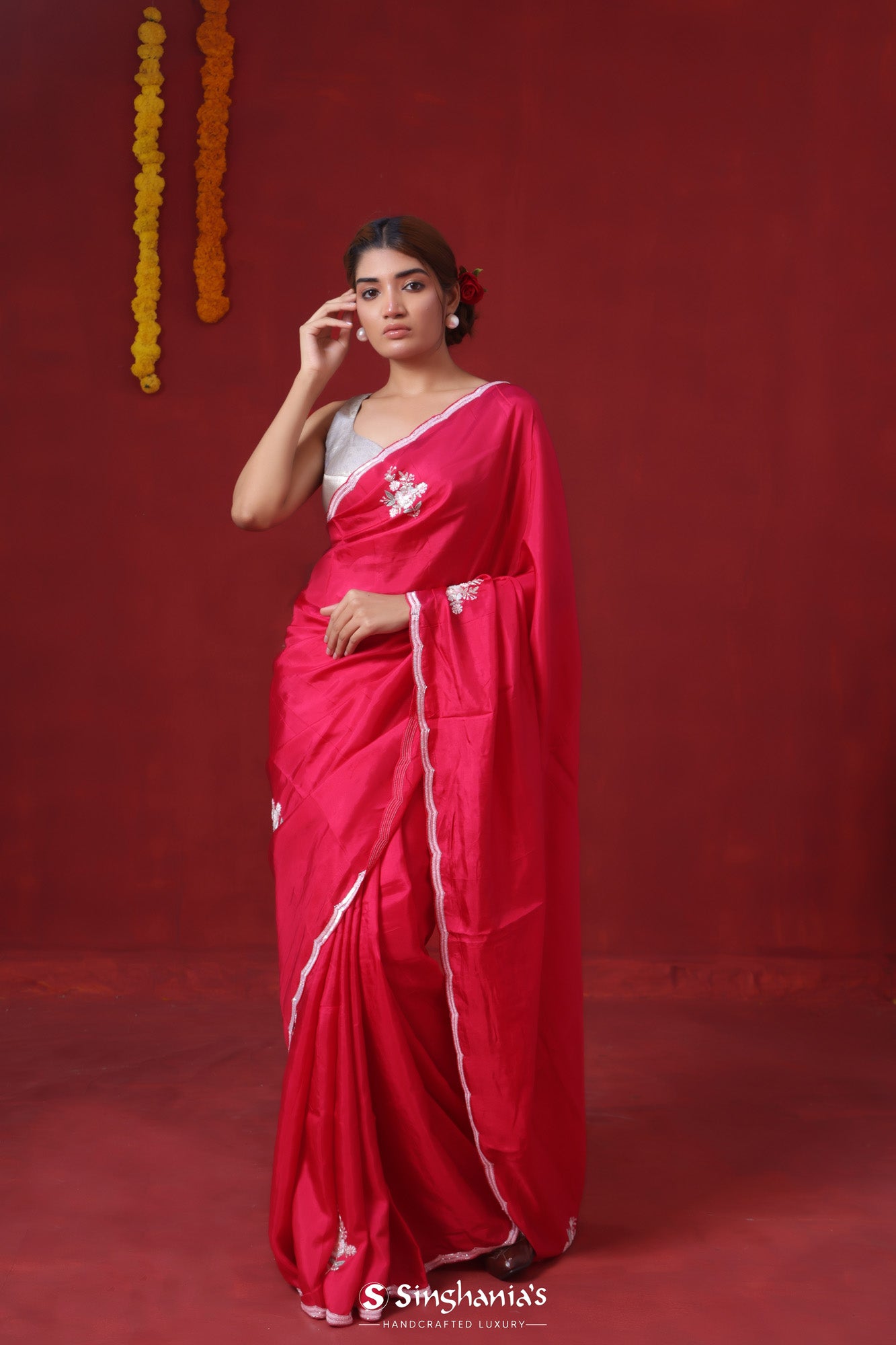 Imperial Red Modal Satin Saree With Hand Embroidery