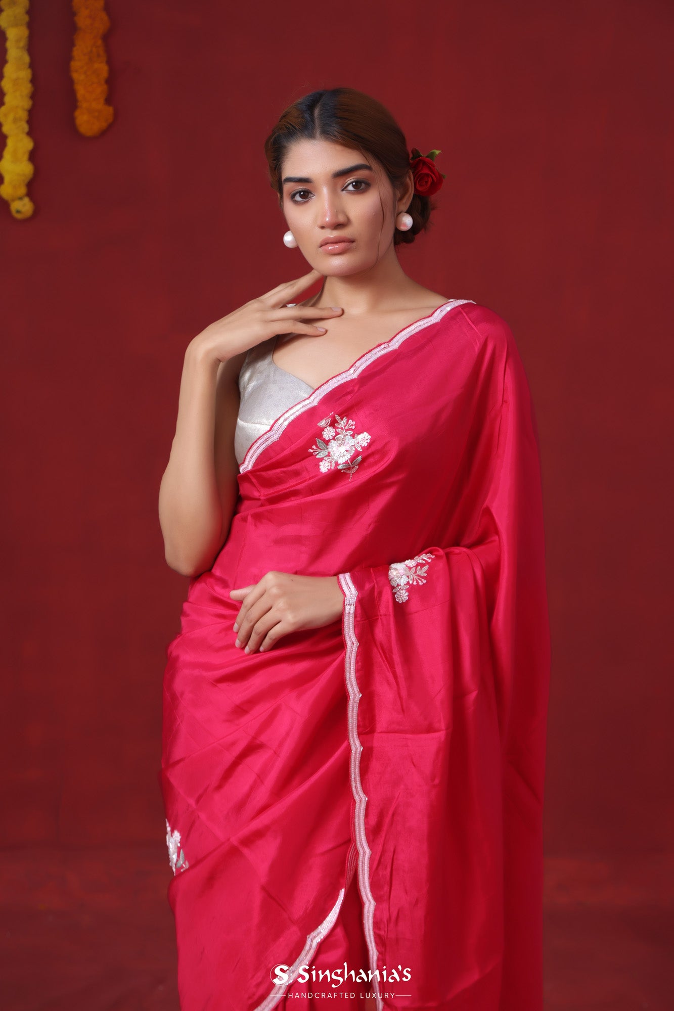 Imperial Red Modal Satin Saree With Hand Embroidery