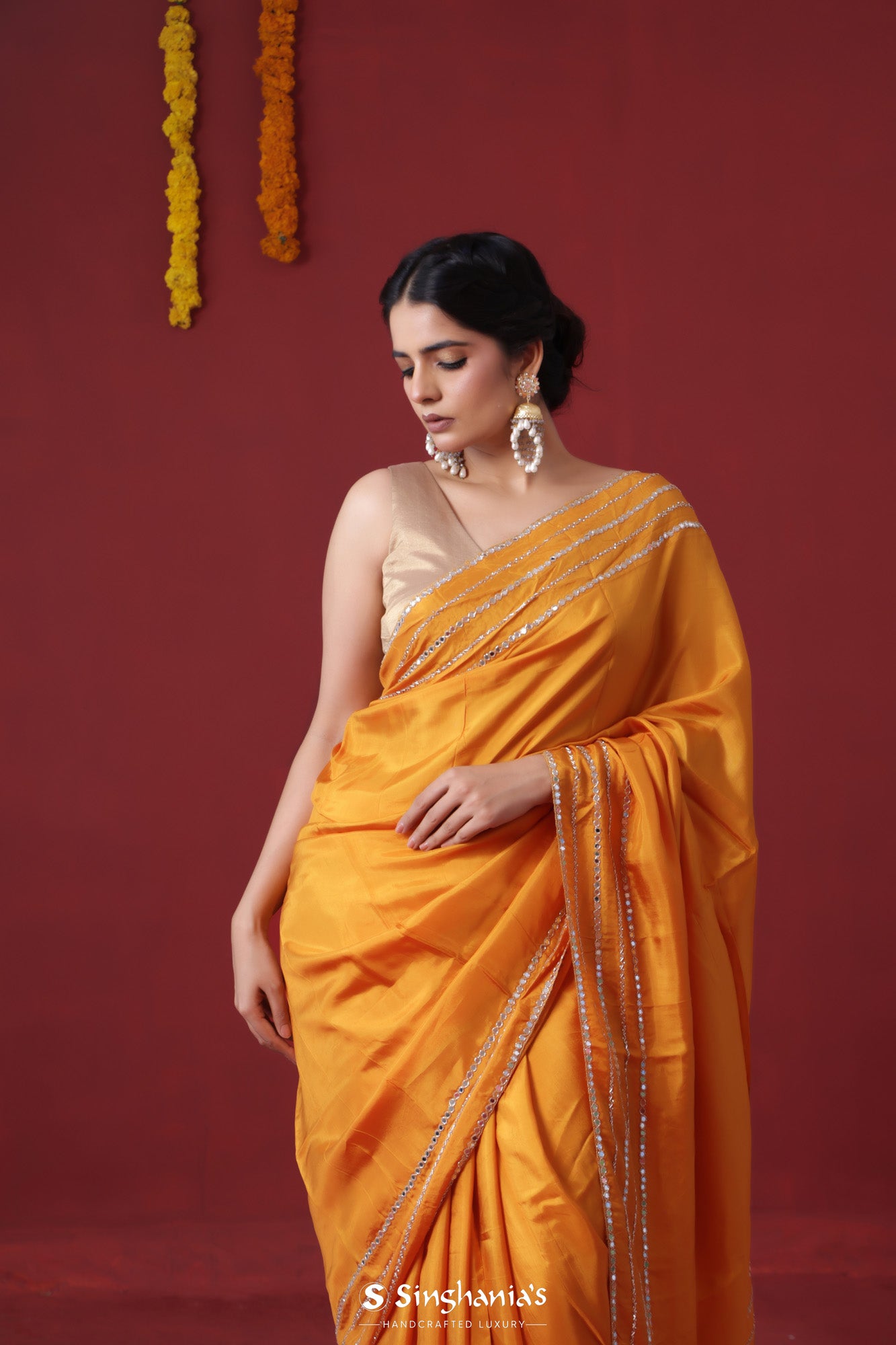 Orange Yellow Satin Saree With Hand Embroidery