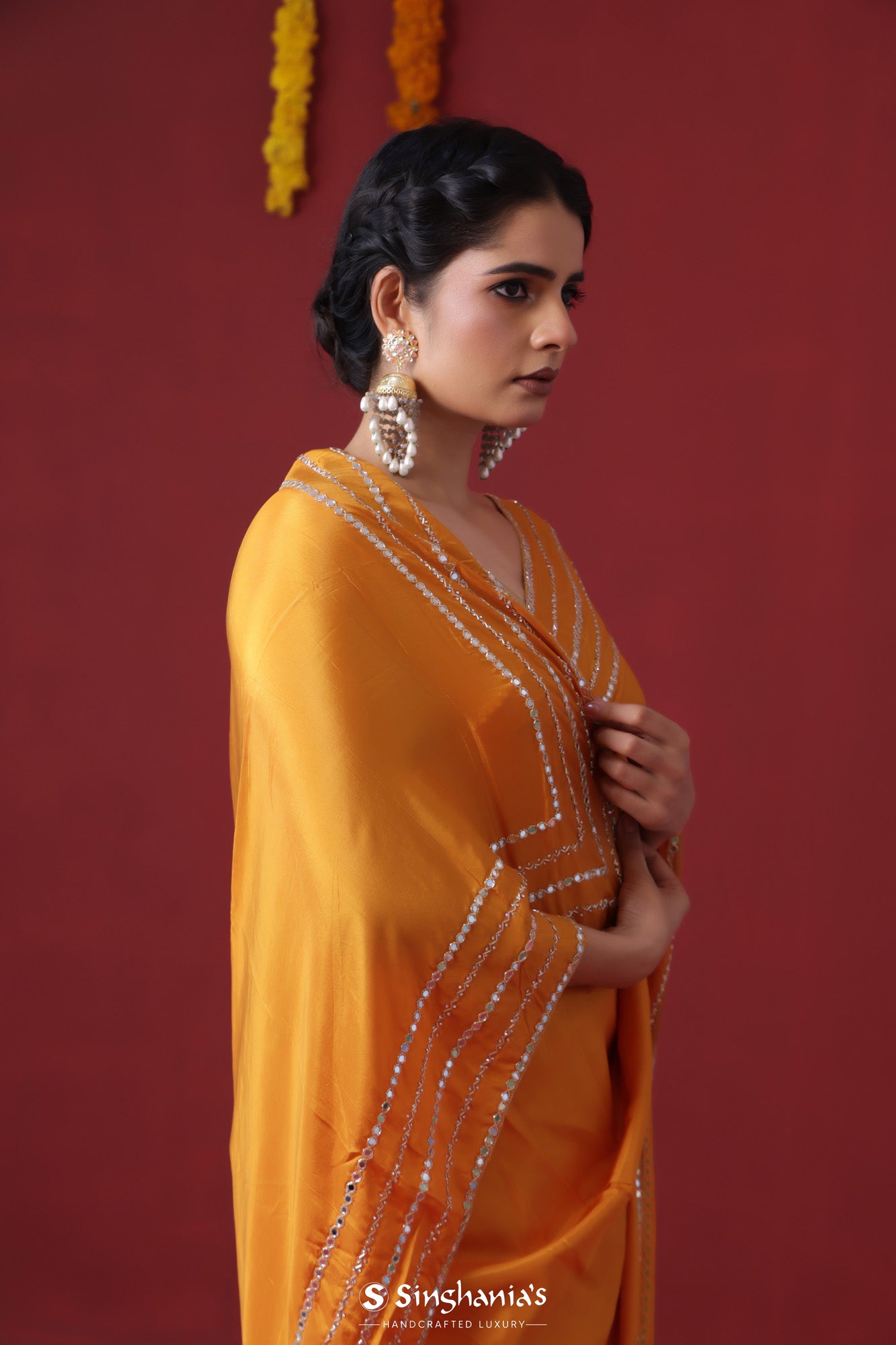 Orange Yellow Satin Saree With Hand Embroidery